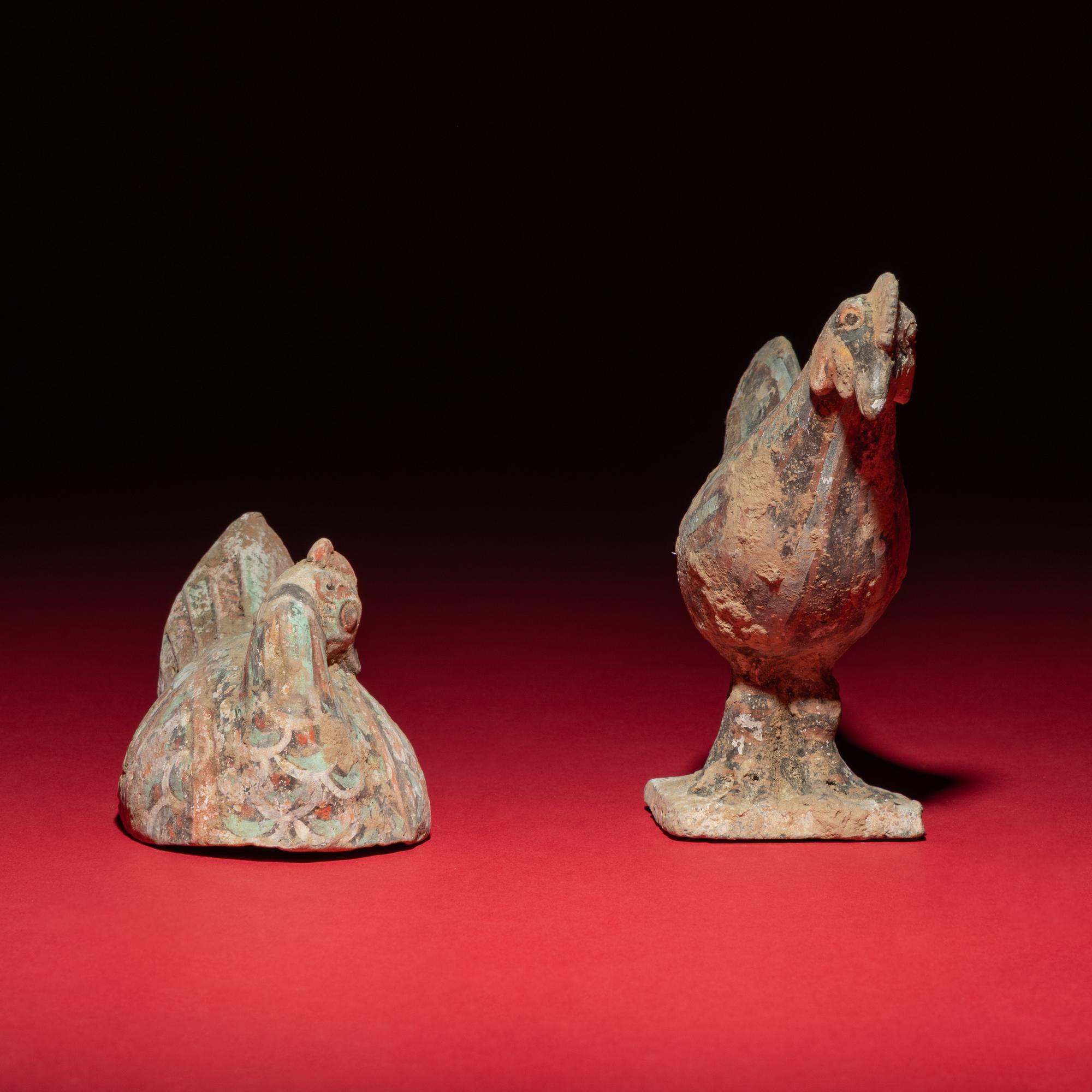 A Chinese Painted Pottery Mandarin Duck and a Cockerel, Han Dynasty — 漢 灰陶彩繪鴛鴦與小公雞
