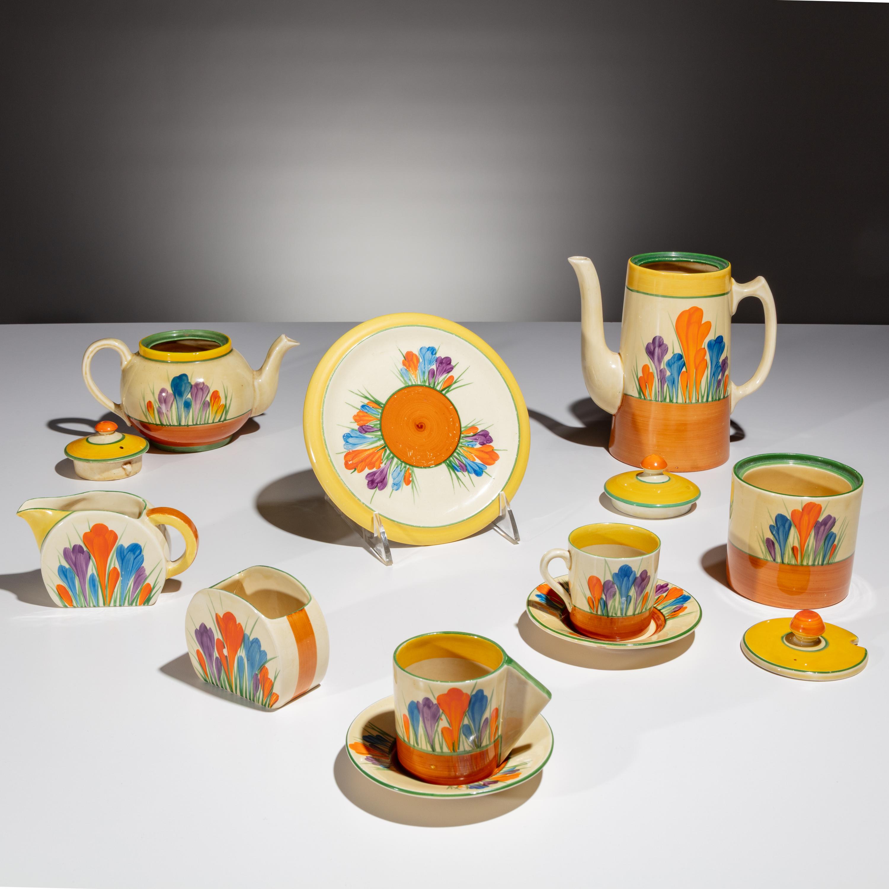 Clarice Cliff (English, 1899–1972) — Autumn Crocus pattern Tea Service, 10 pieces