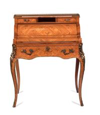 An Italian Marquetry Decorated and Gilt Metal Mounted Cylinder Desk Height 44 1/2 x width 36 x depth 24 inches. — 20TH CENTURY