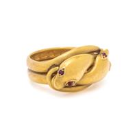 BRITISH, YELLOW GOLD AND RUBY SNAKE RING