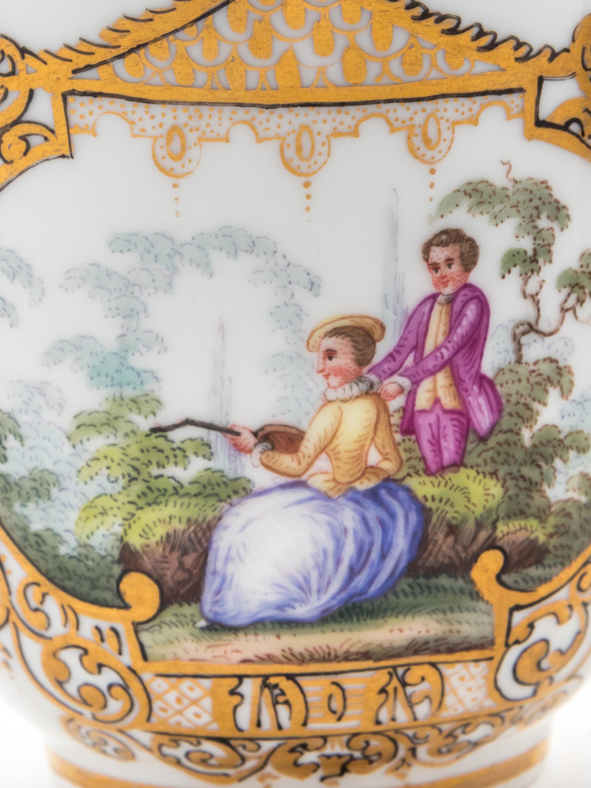 Three Meissen Painted and Parcel Gilt Porcelain Cup and Saucer Sets, a Covered Cup and Two Spoons