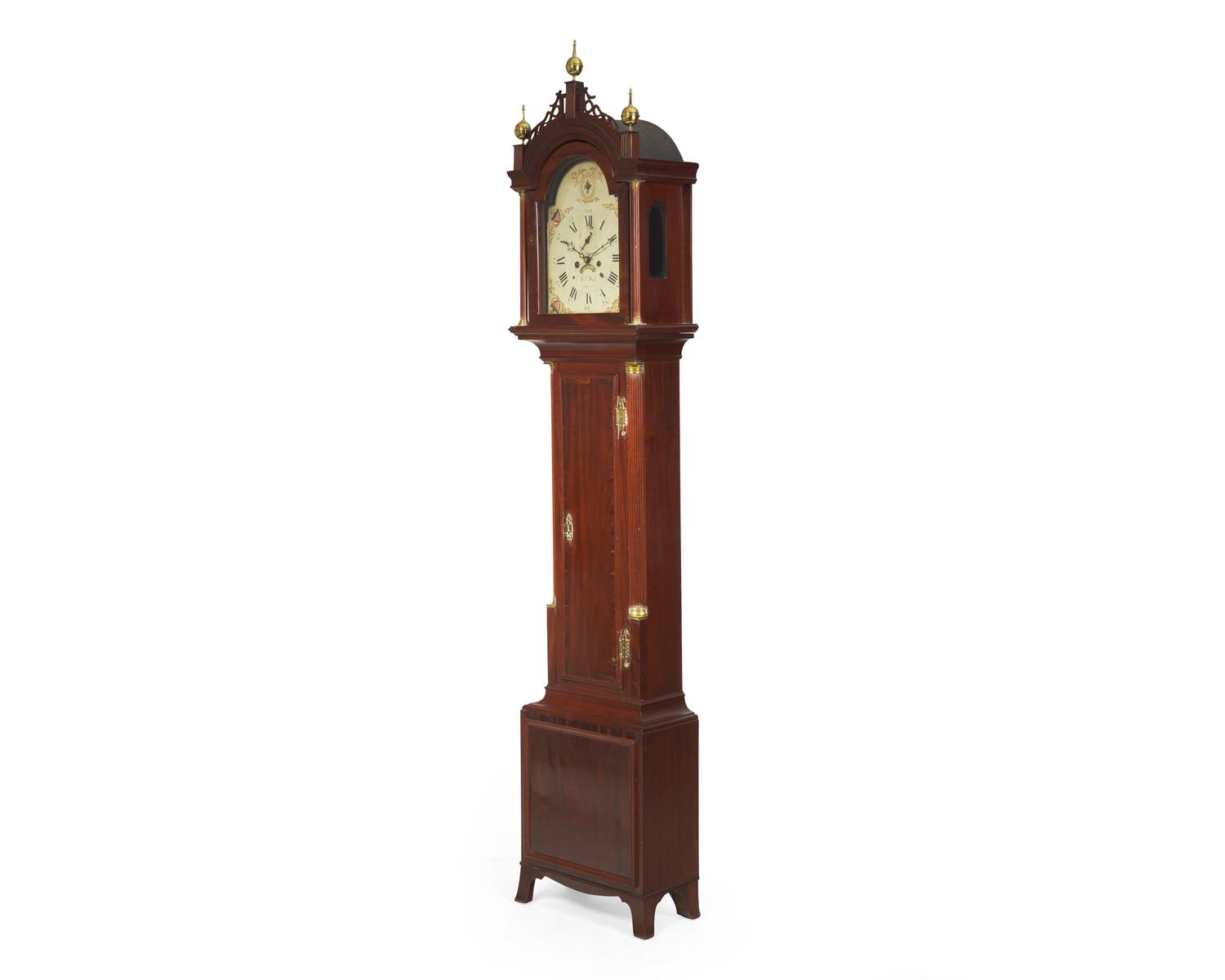 A Federal mahogany tall case clock, dial signed "Job White, Richmond," made in Massachusetts, marketed in Virginia, circa 1810