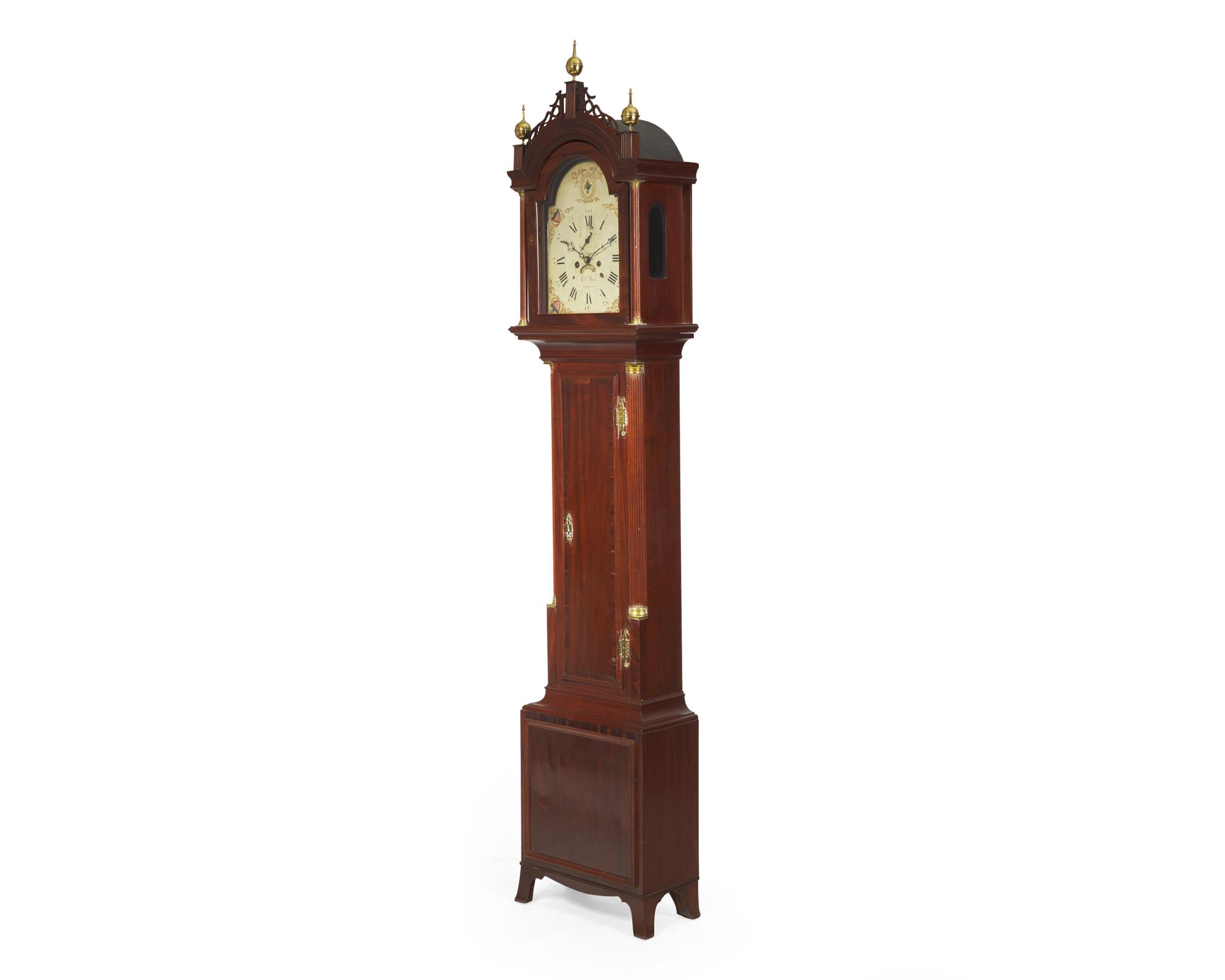 A Federal mahogany tall case clock, dial signed "Job White, Richmond," made in Massachusetts, marketed in Virginia, circa 1810