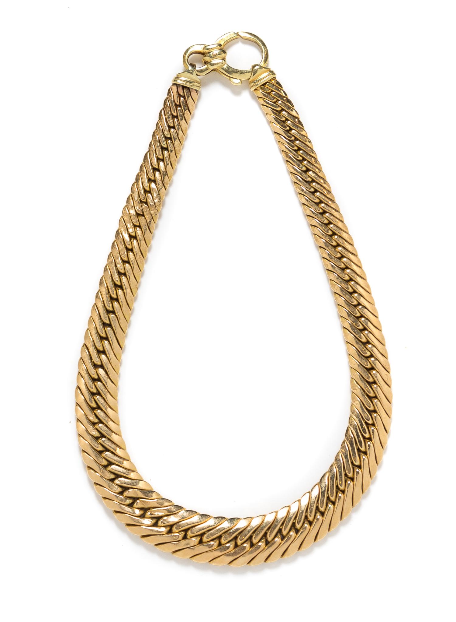A 14 Karat Yellow Gold Graduated Herringbone Link Necklace, Italy, 41.00 dwts.