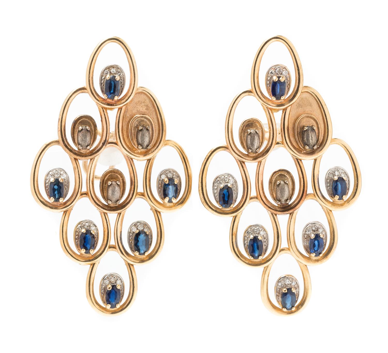 A Pair of Yellow Gold, Sterling Silver, and Sapphire "Dream Voyage" Earclips, Erte, 13.50 dwts.