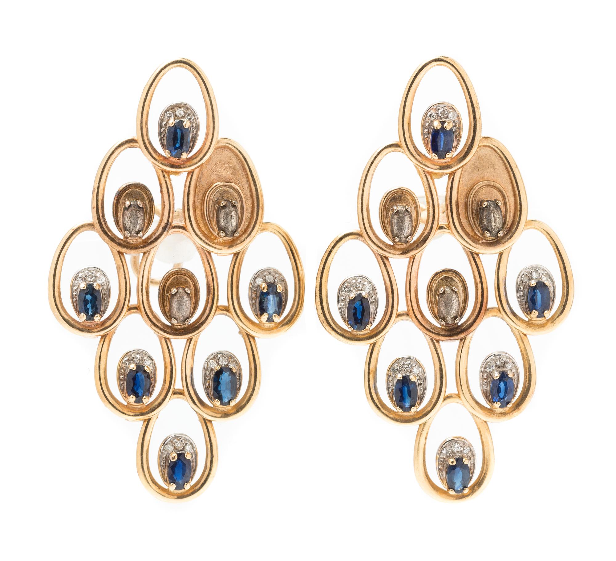 A Pair of Yellow Gold, Sterling Silver, and Sapphire "Dream Voyage" Earclips, Erte, 13.50 dwts.