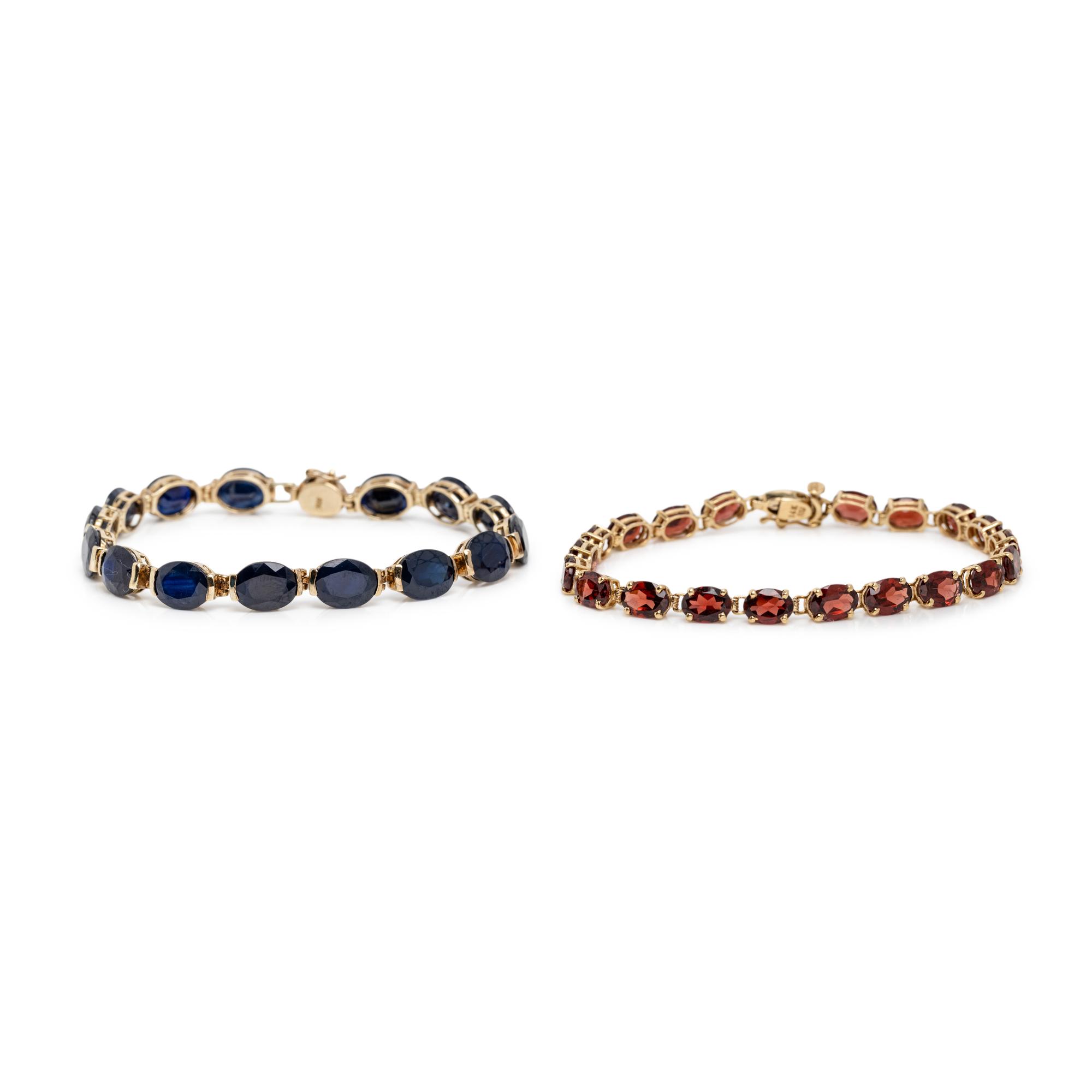 TWO YELLOW GOLD, SAPPHIRE, AND GARNET BRACELETS