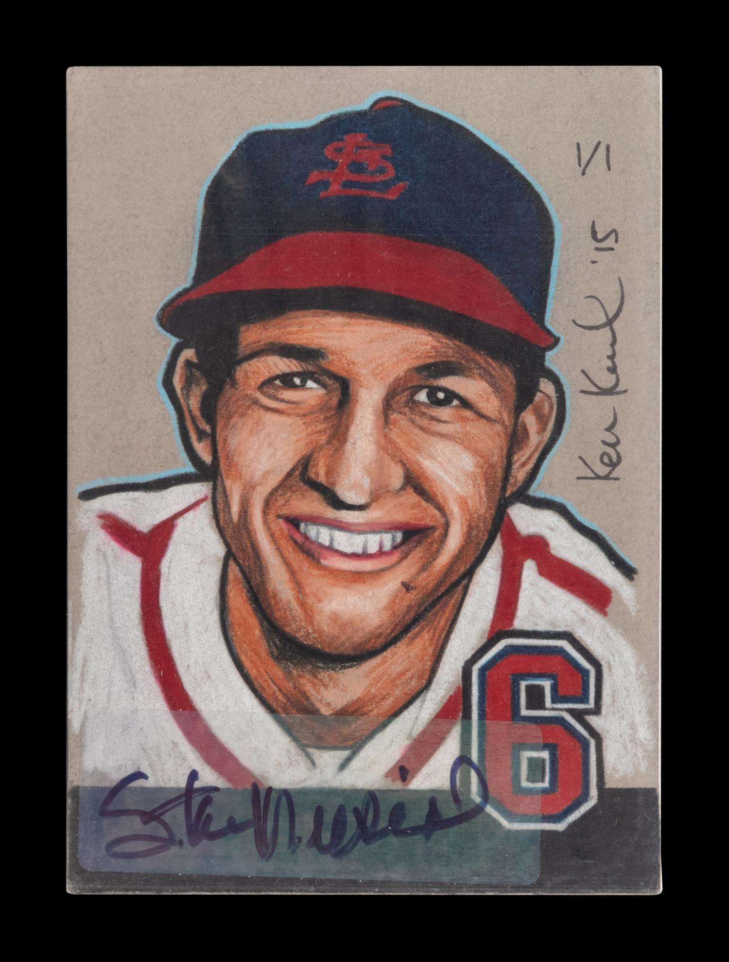 A Group of Four Ken Karl Original Hand Drawn Stan Musial Sketch Baseball Cards with Musial Signed Autograph Stickers