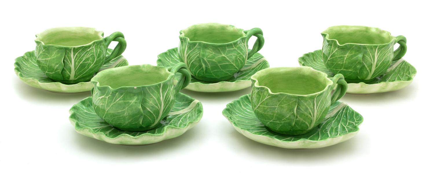 Ten Dodie Thayer Lettuce Ware Teacups and Saucers Height of cup 2 1/4 inches. — 20TH CENTURY