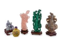 Four Chinese Hardstone Figures and a Glass Snuff Bottle