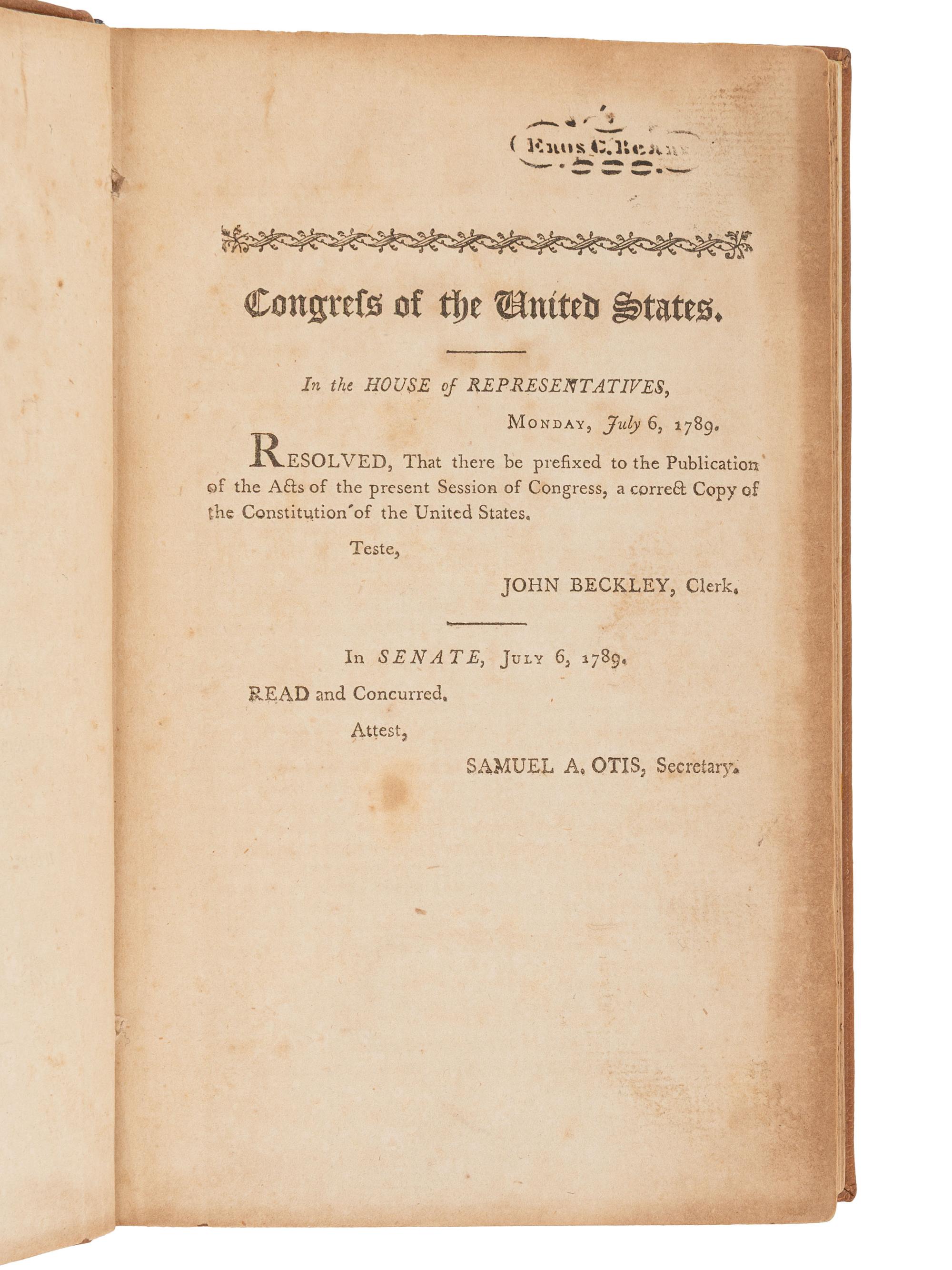 [US CONGRESS]. Acts Passed at the First Session of the Congress of the United States of America, Begun and Held at the City of New-York, on Wednesday the Fourth of March, in the Year M,DCC,LXXXIX . [ With: ] Acts of the Fifth Congress, 1797.