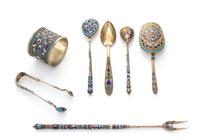 A Group of Russian Enameled Silver Table Articles