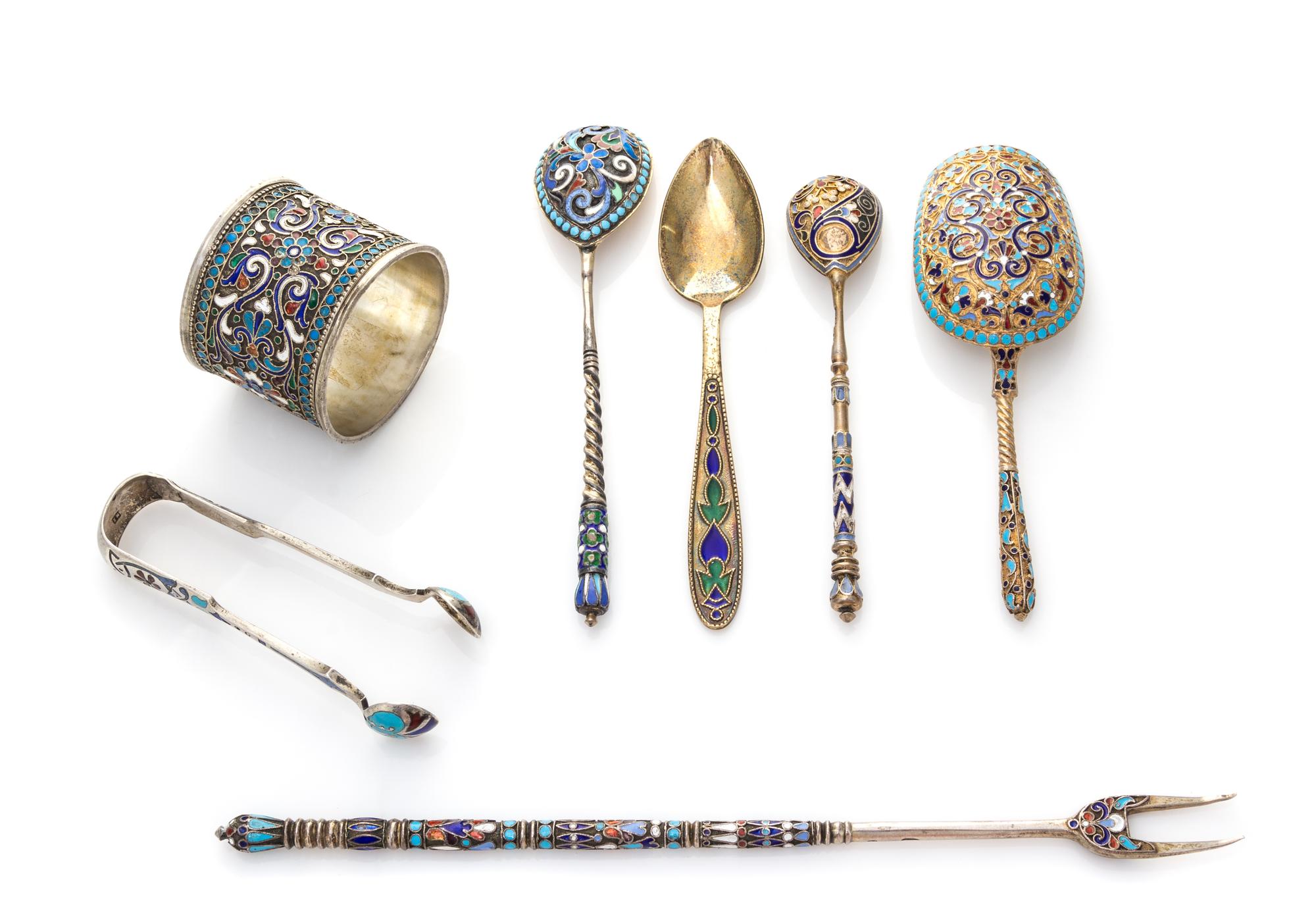 A Group of Russian Enameled Silver Table Articles
