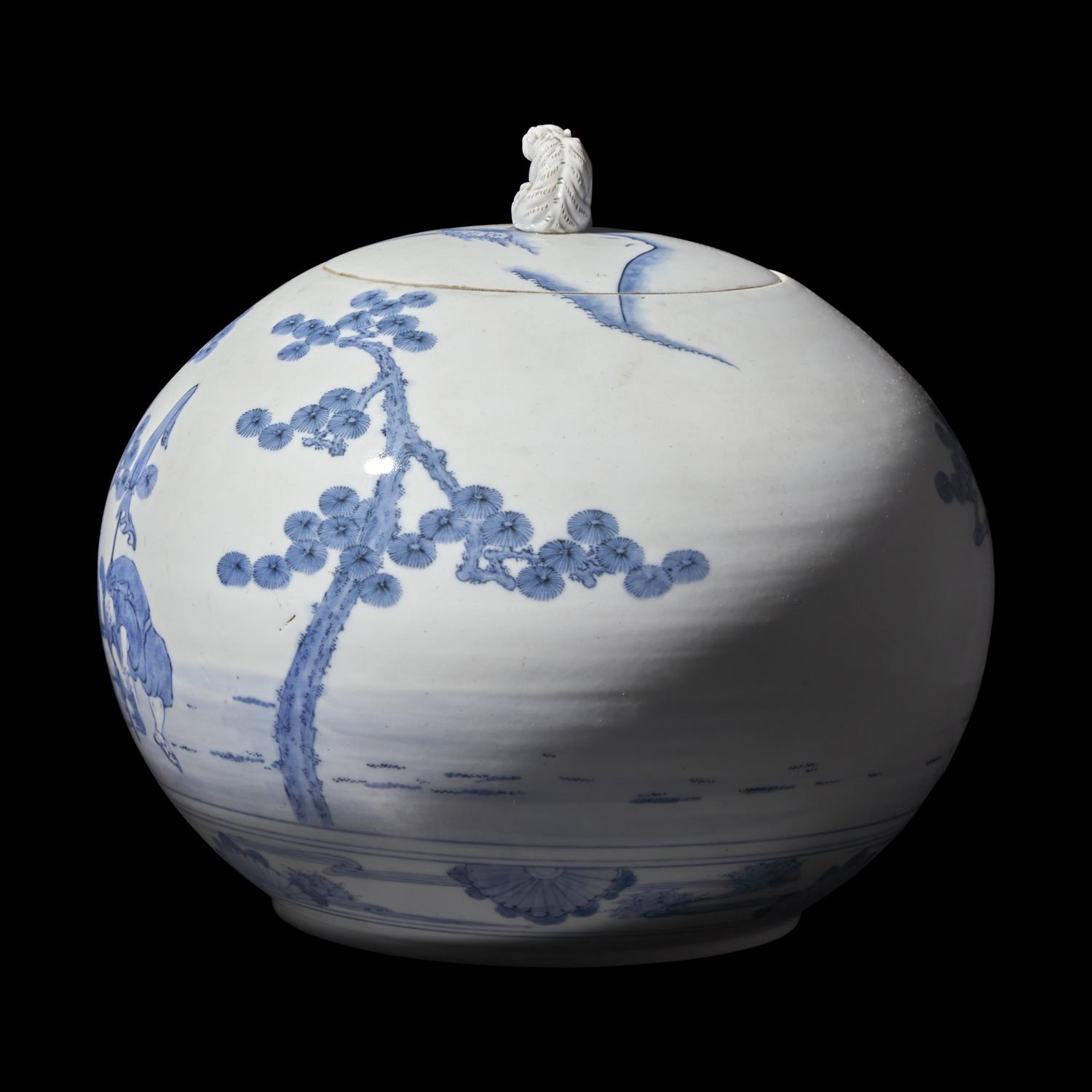 A Japanese Hirado Blue and White 'Daimyo and Fuji' Spherical Jar and Cover, Meiji Period