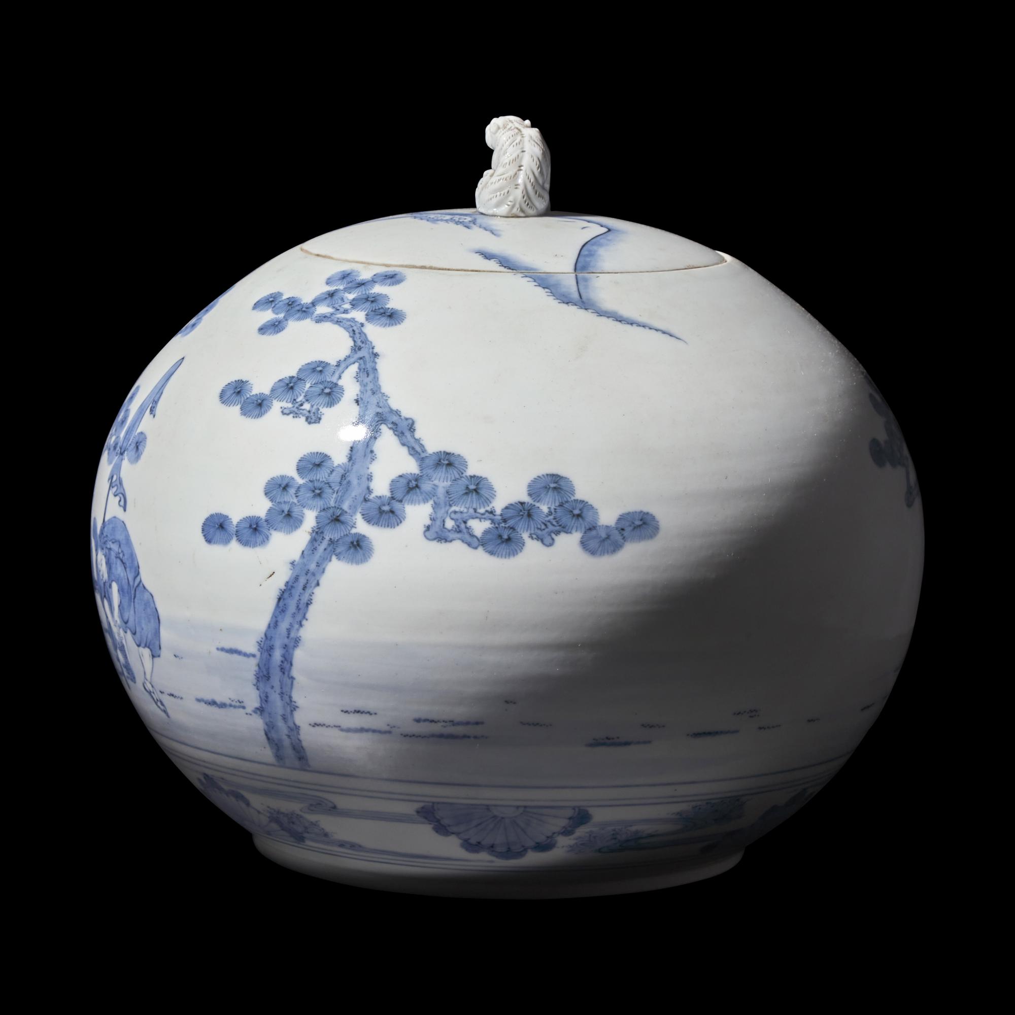 A Japanese Hirado Blue and White 'Daimyo and Fuji' Spherical Jar and Cover, Meiji Period