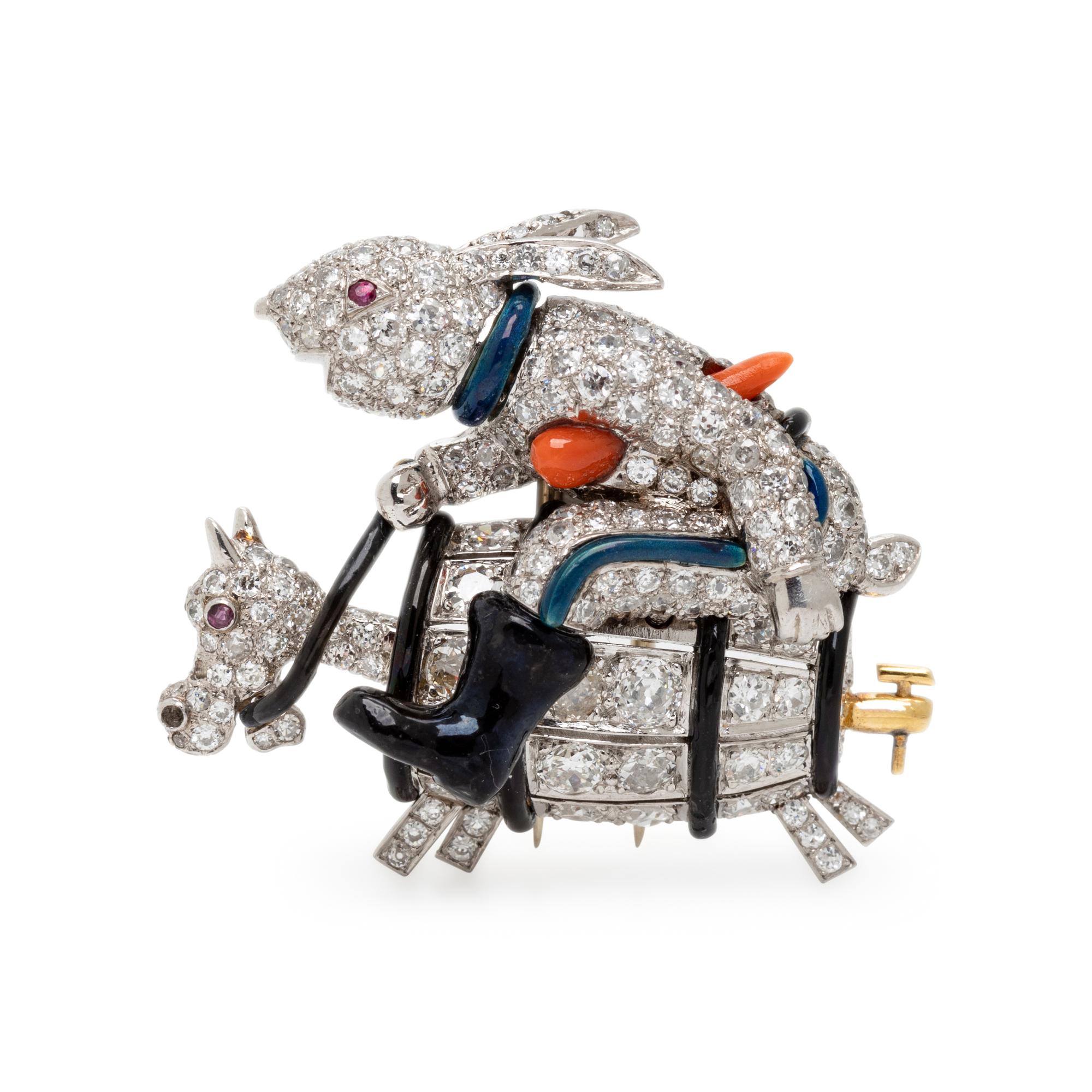 VINTAGE, DIAMOND, ENAMEL AND CORAL RACING RABBIT BROOCH