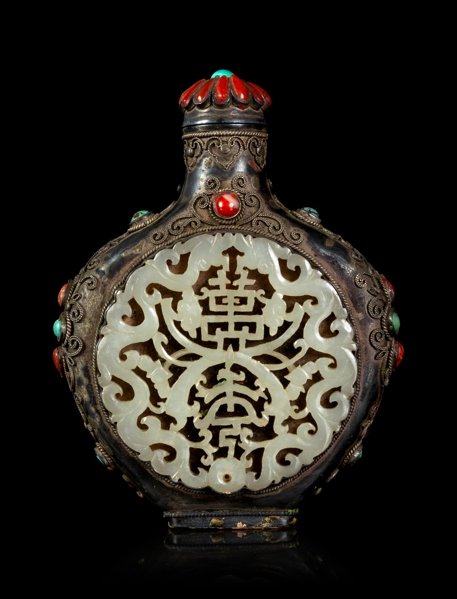 A Mongolian Style Jade and Hardstone Inlaid Silver Snuff Bottle
