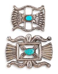 Pair of Navajo Sandcast Silver and Turquoise Belt Buckles