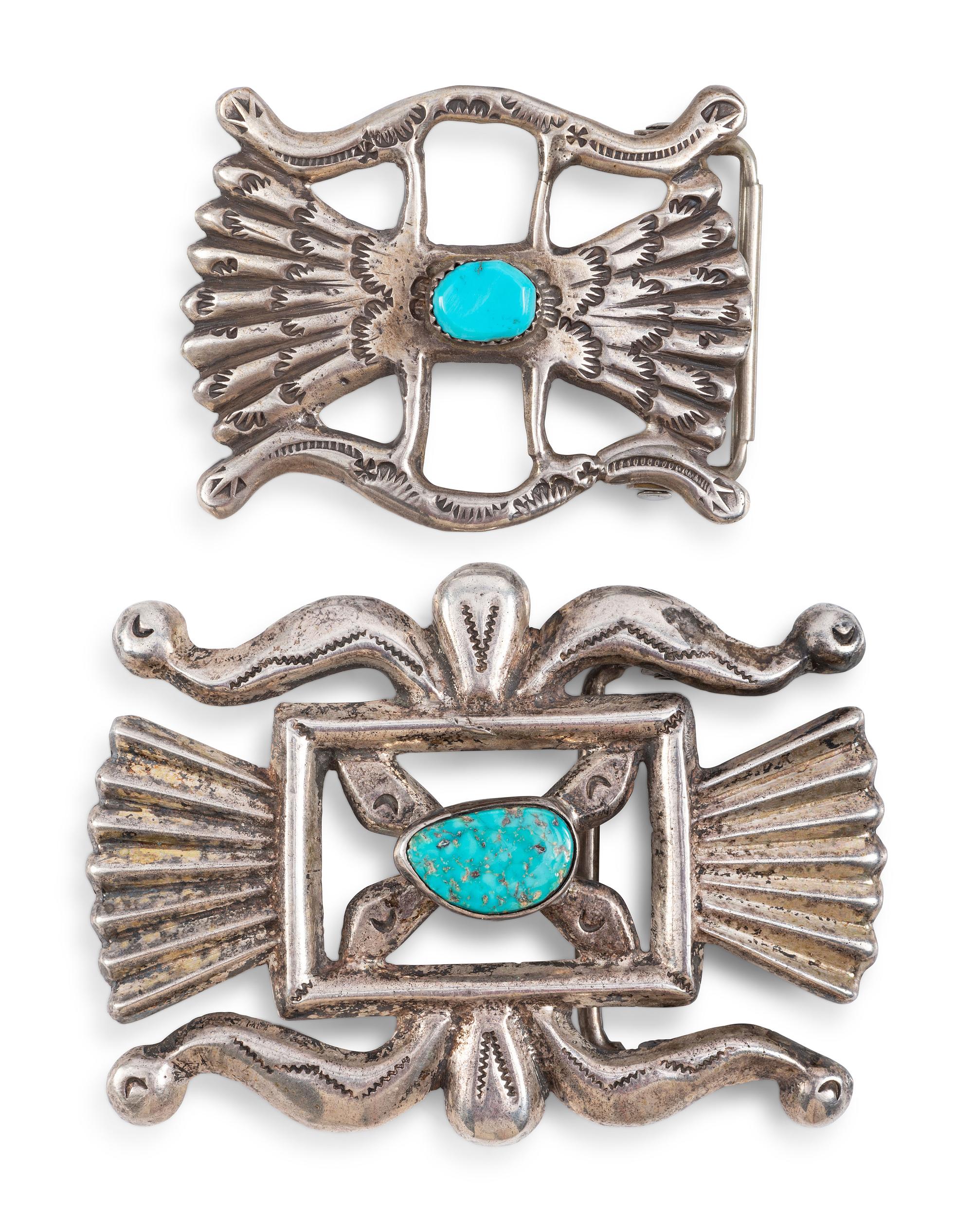 Pair of Navajo Sandcast Silver and Turquoise Belt Buckles