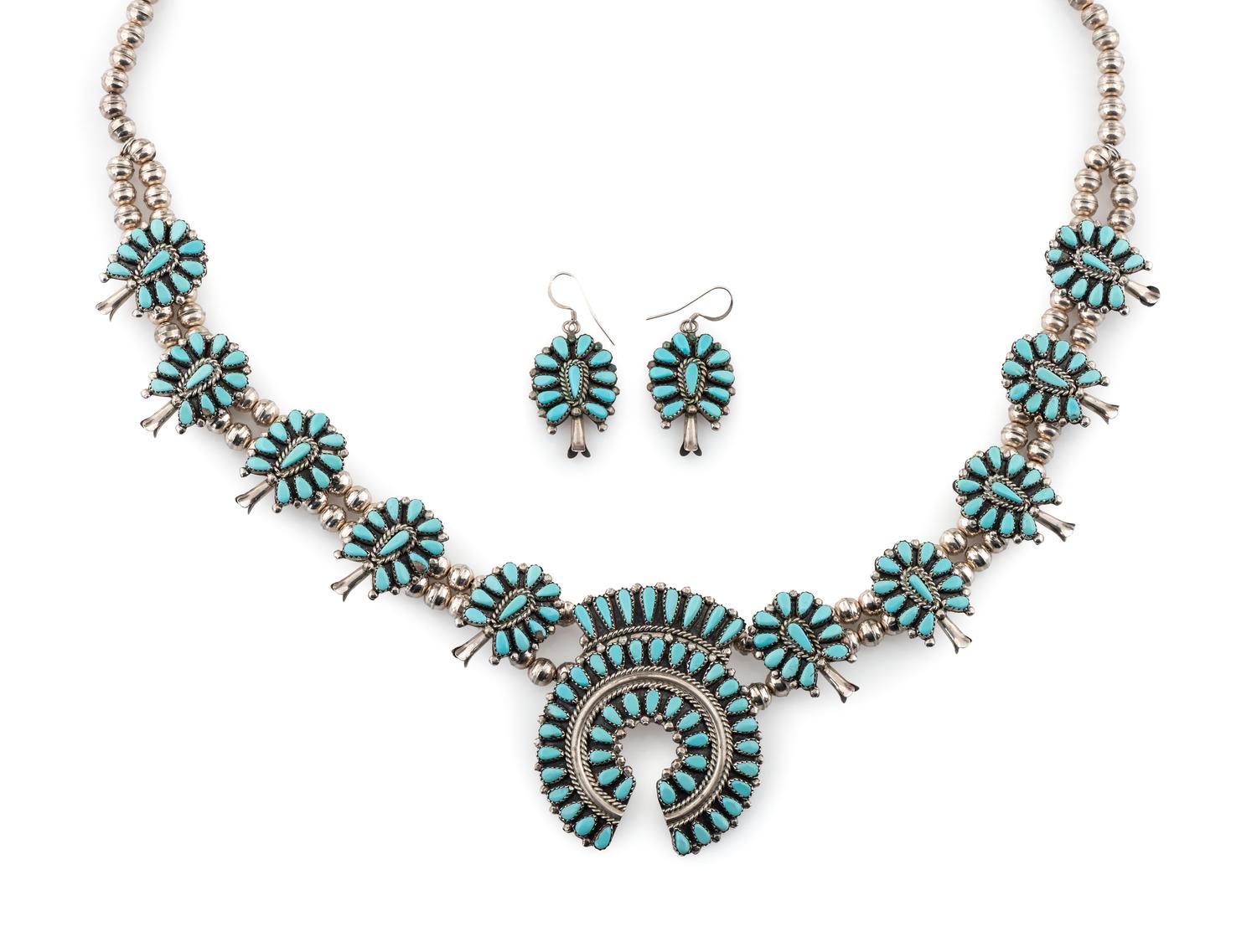 Sterling Silver and Petit Point Turquoise Cluster Squash Blossom Necklace AND Hook Earrings