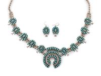 Sterling Silver and Petit Point Turquoise Cluster Squash Blossom Necklace AND Hook Earrings