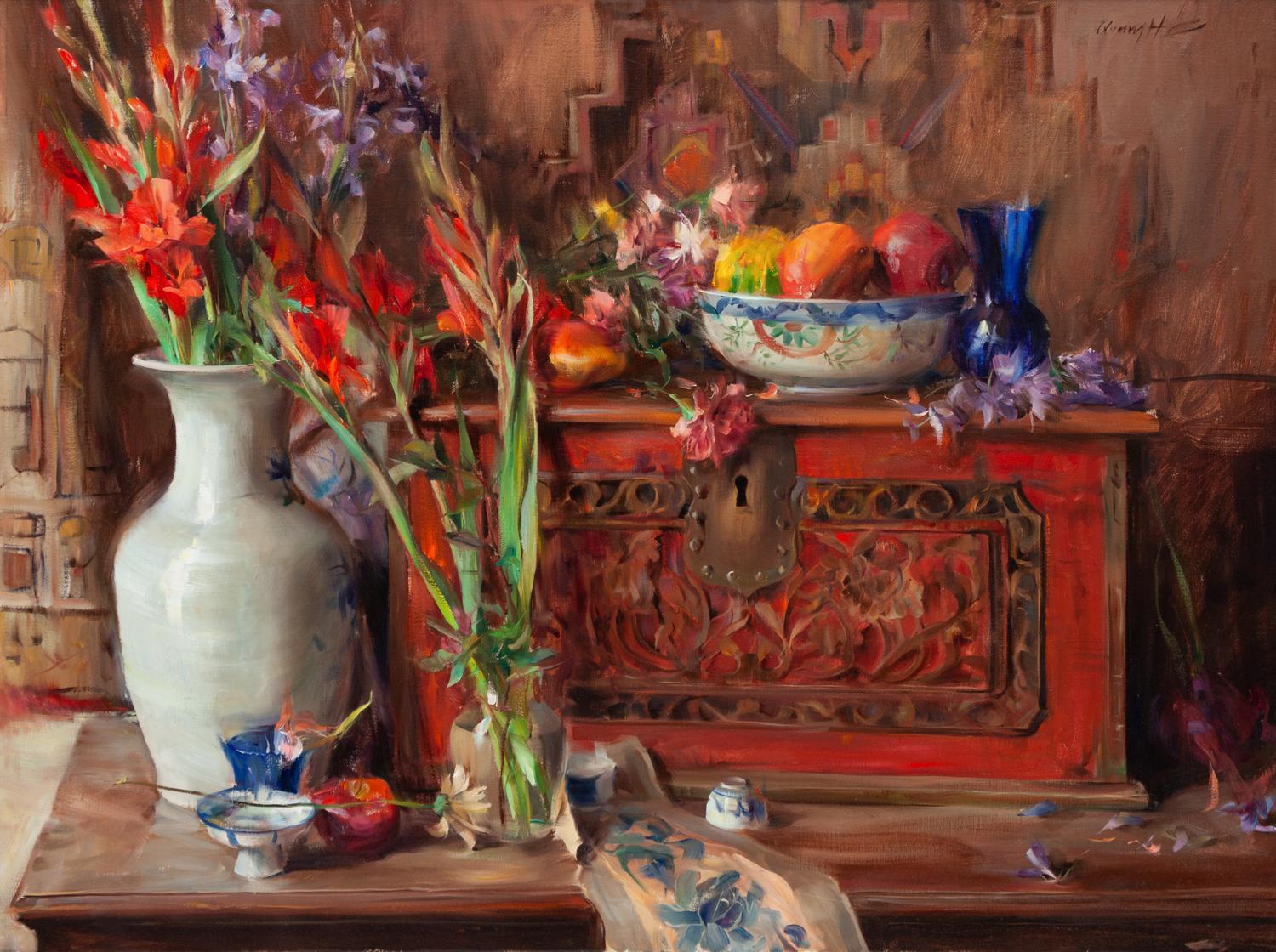 Arrangement in Reds- with Balise Chest, Porcelain Vessels and Glads