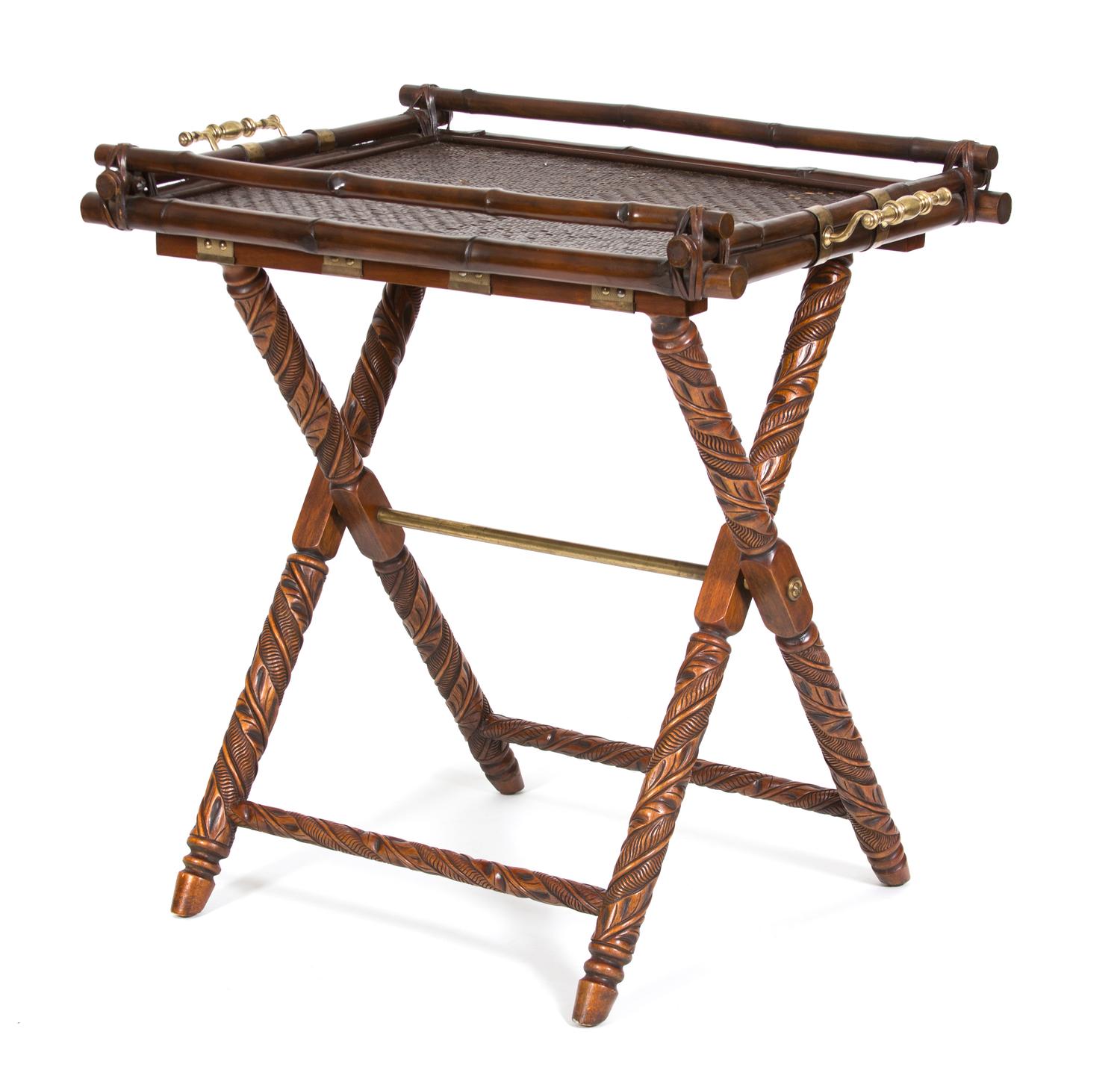 A British Colonial Style Carved Mahogany Tray Top on X-Form Stand Height 35 x width 37 1/4 x depth 24 1/2 inches. — 20TH CENTURY