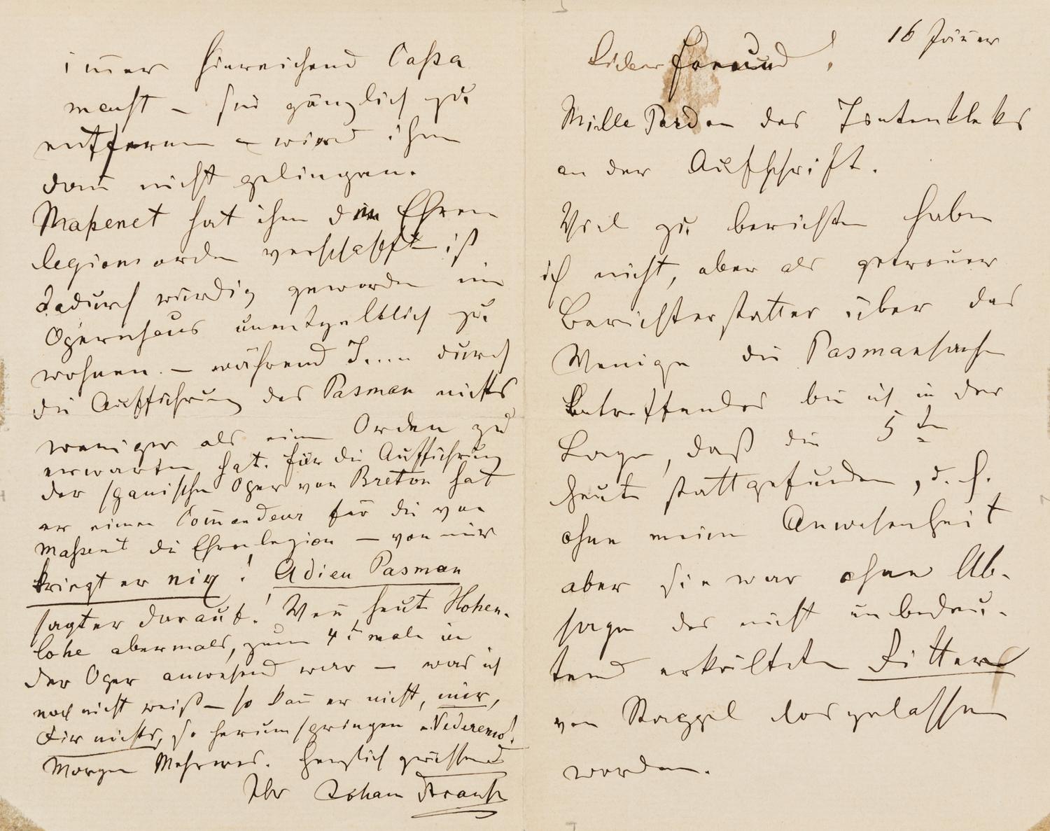 STRAUSS, Johann (1825-1899). Autograph letter signed ("Joh. Strauss"), in German, to publisher Fritz Simrock. [Vienna], 16 January [189