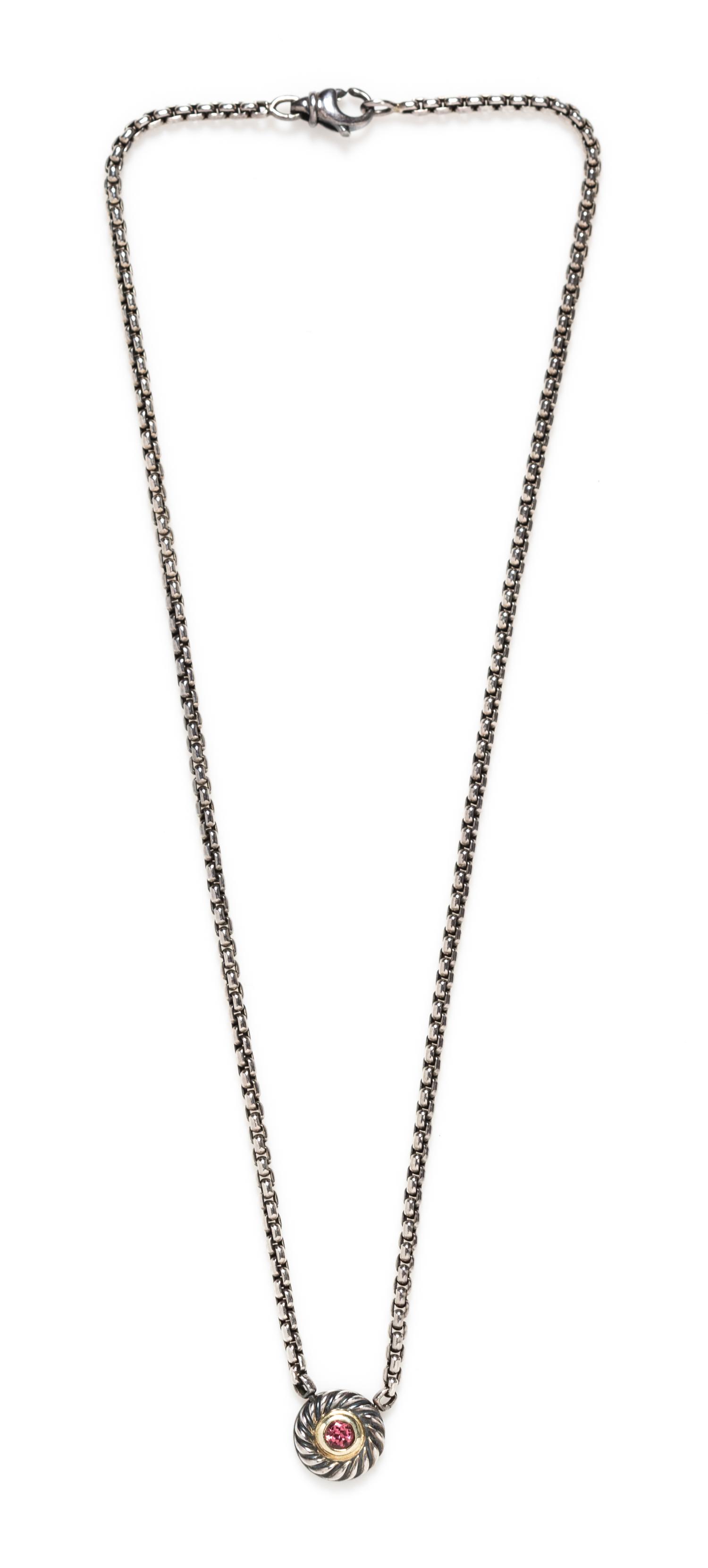 A Sterling Silver, 14 Karat Yellow Gold and Pink Tourmaline "Cookie" Necklace, David Yurman, 9.30 dwts.