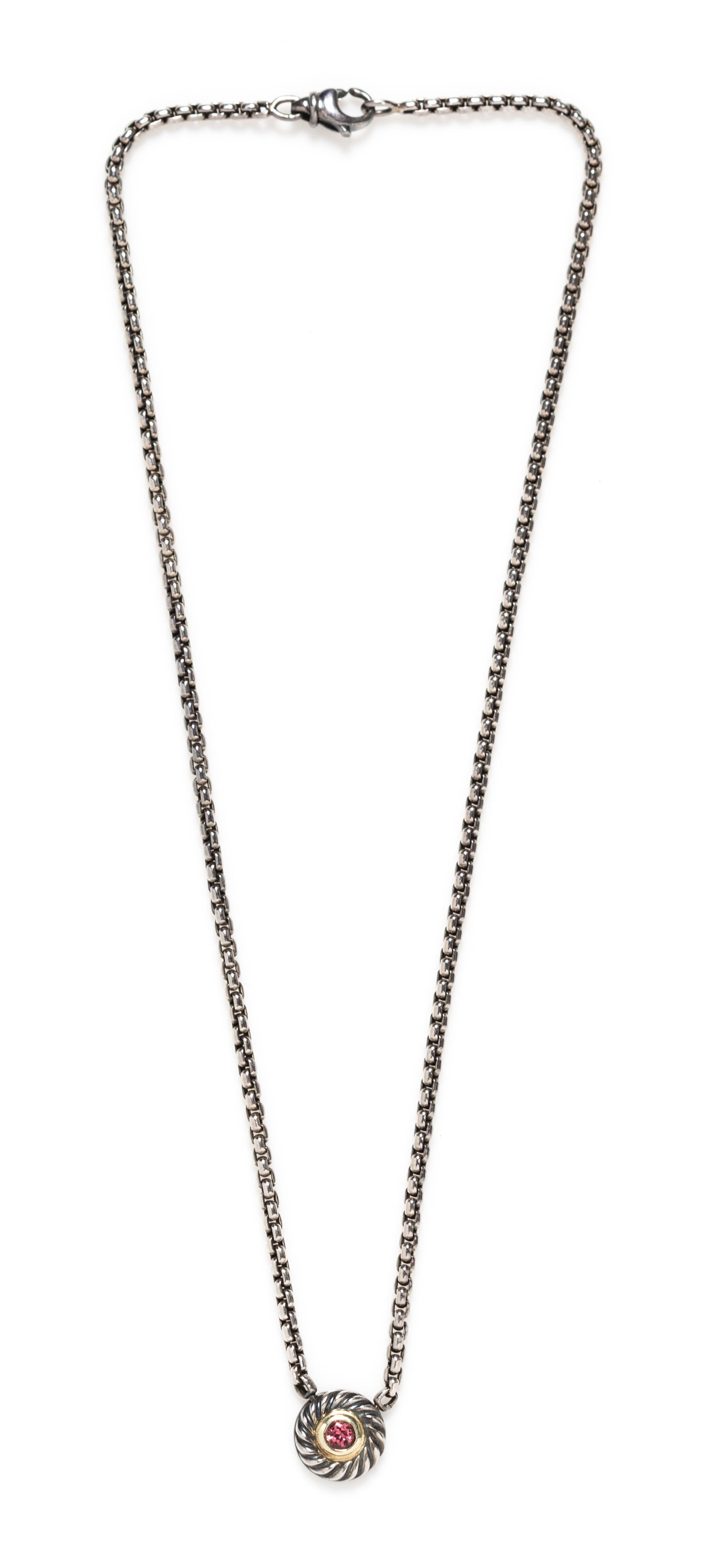 A Sterling Silver, 14 Karat Yellow Gold and Pink Tourmaline "Cookie" Necklace, David Yurman, 9.30 dwts.
