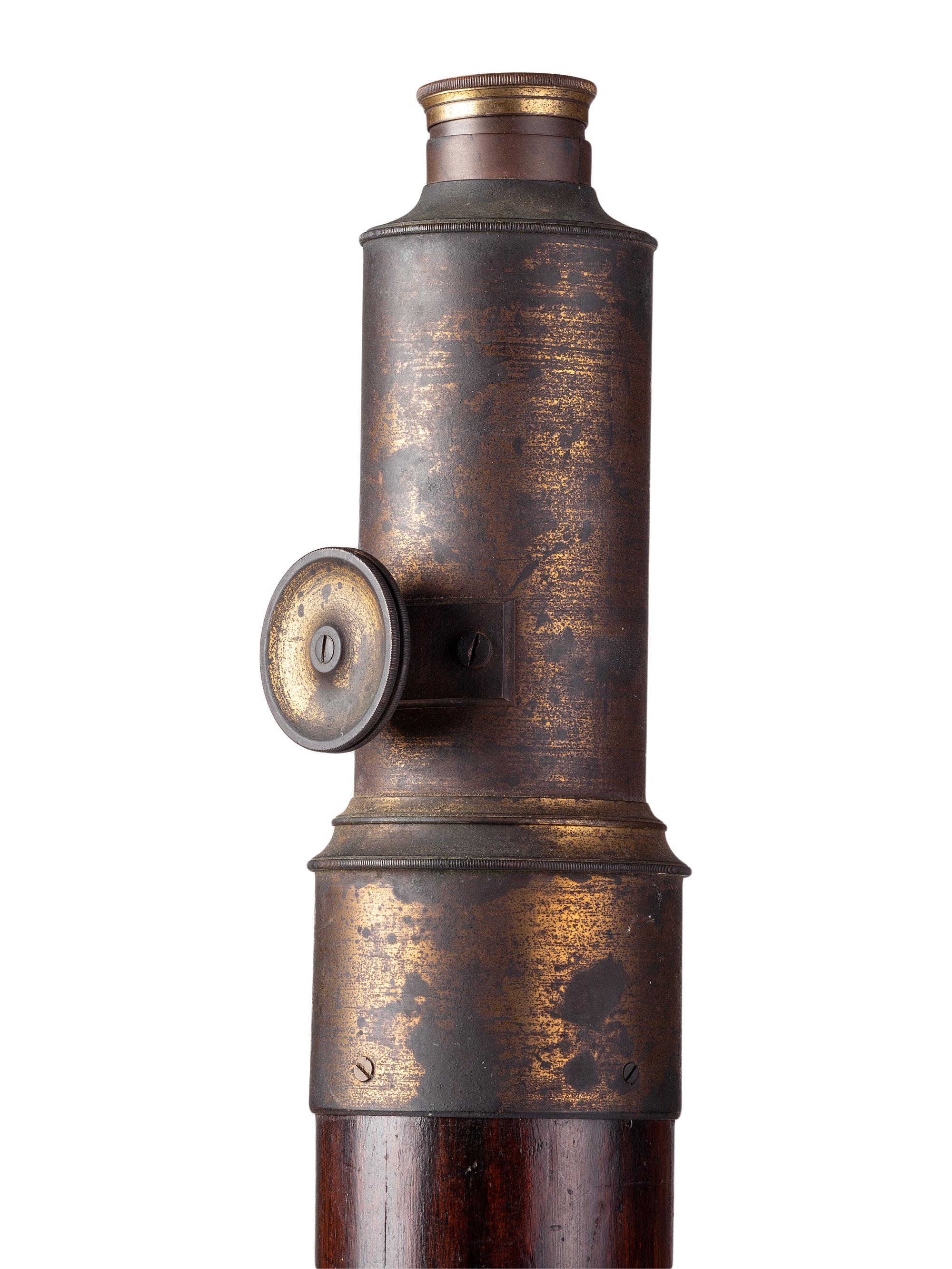 3 1/4 in. wood body single-draw telescope. Length 33 in. 19th century.