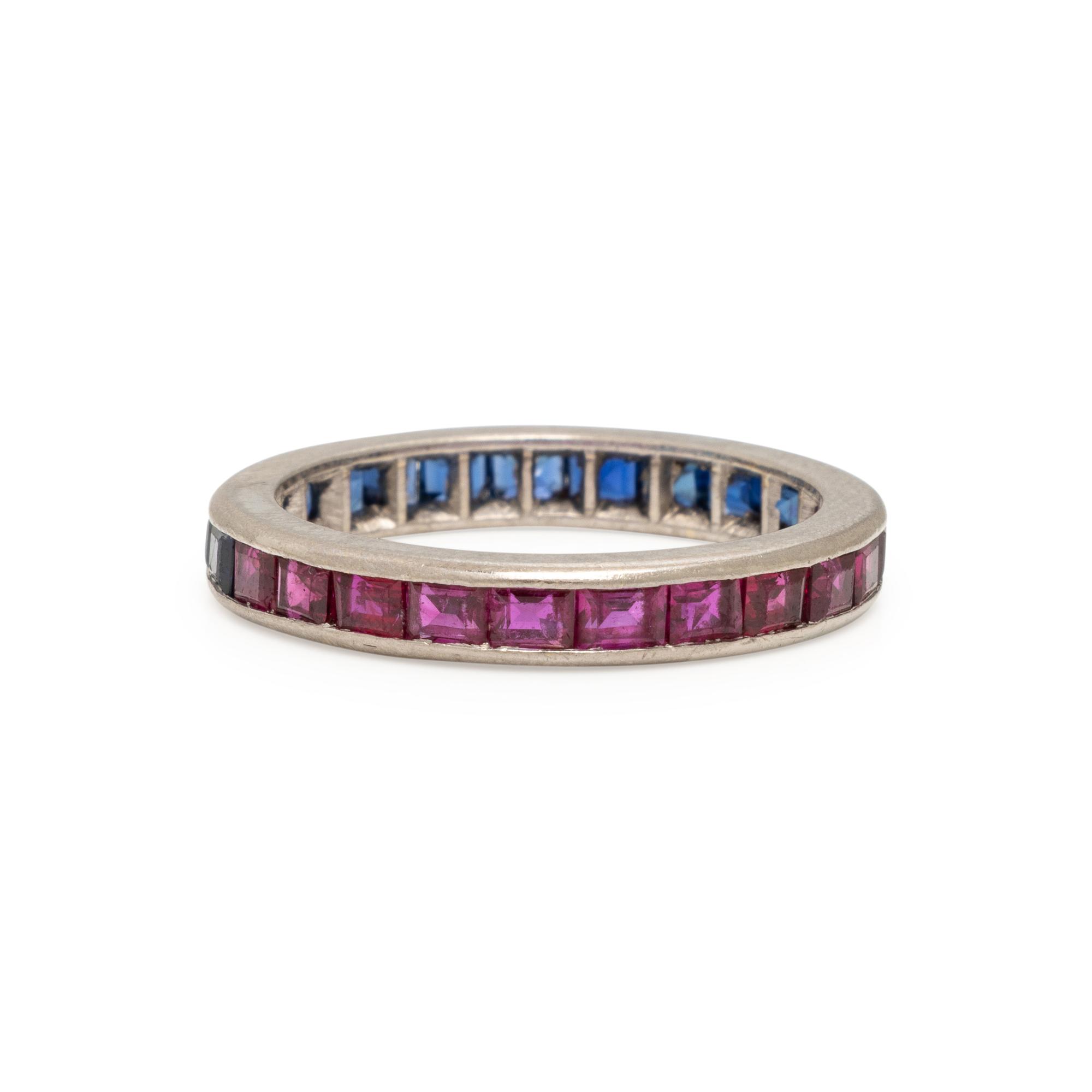 Ruby, Sapphire, and White Gold Eternity Band