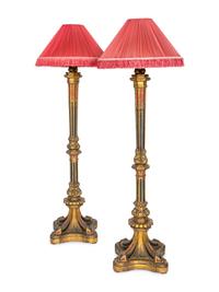 A Pair of Large Gothic Style Giltwood and Polychrome-Painted Floor Lamps