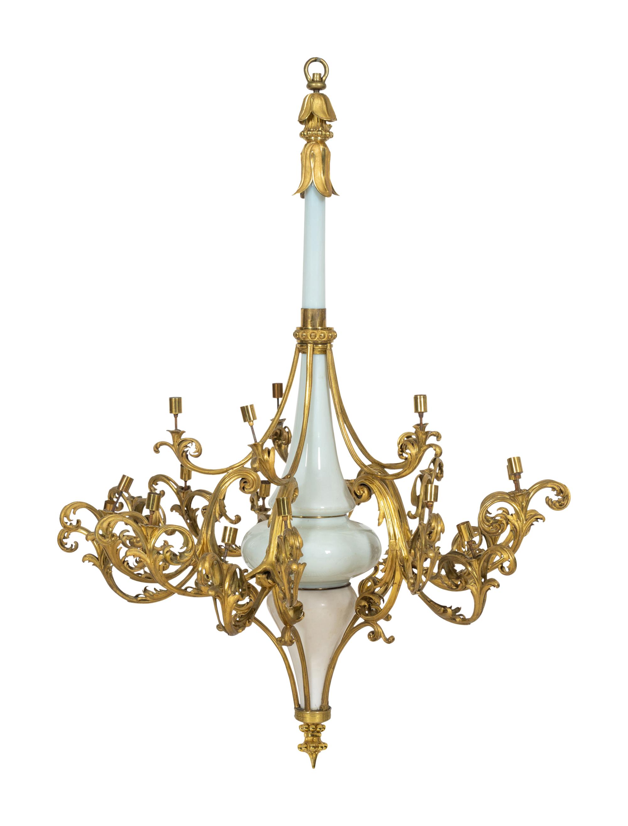 A Belle Epoque Gilt Bronze and Opaline Glass 24-Arm Chandelier