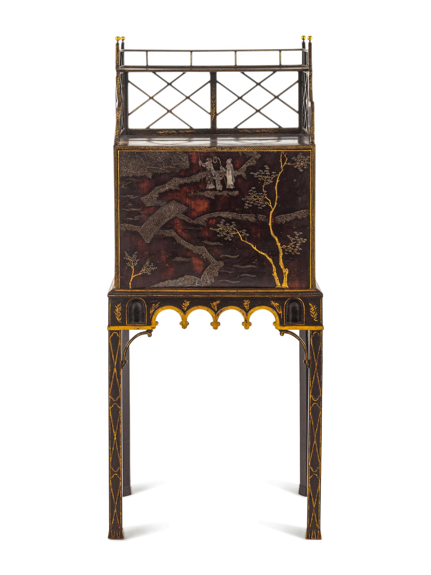 A George III 'Lac Bergaute' and Black and Gilt-Japanned Secrétaire Cabinet-on-Stand