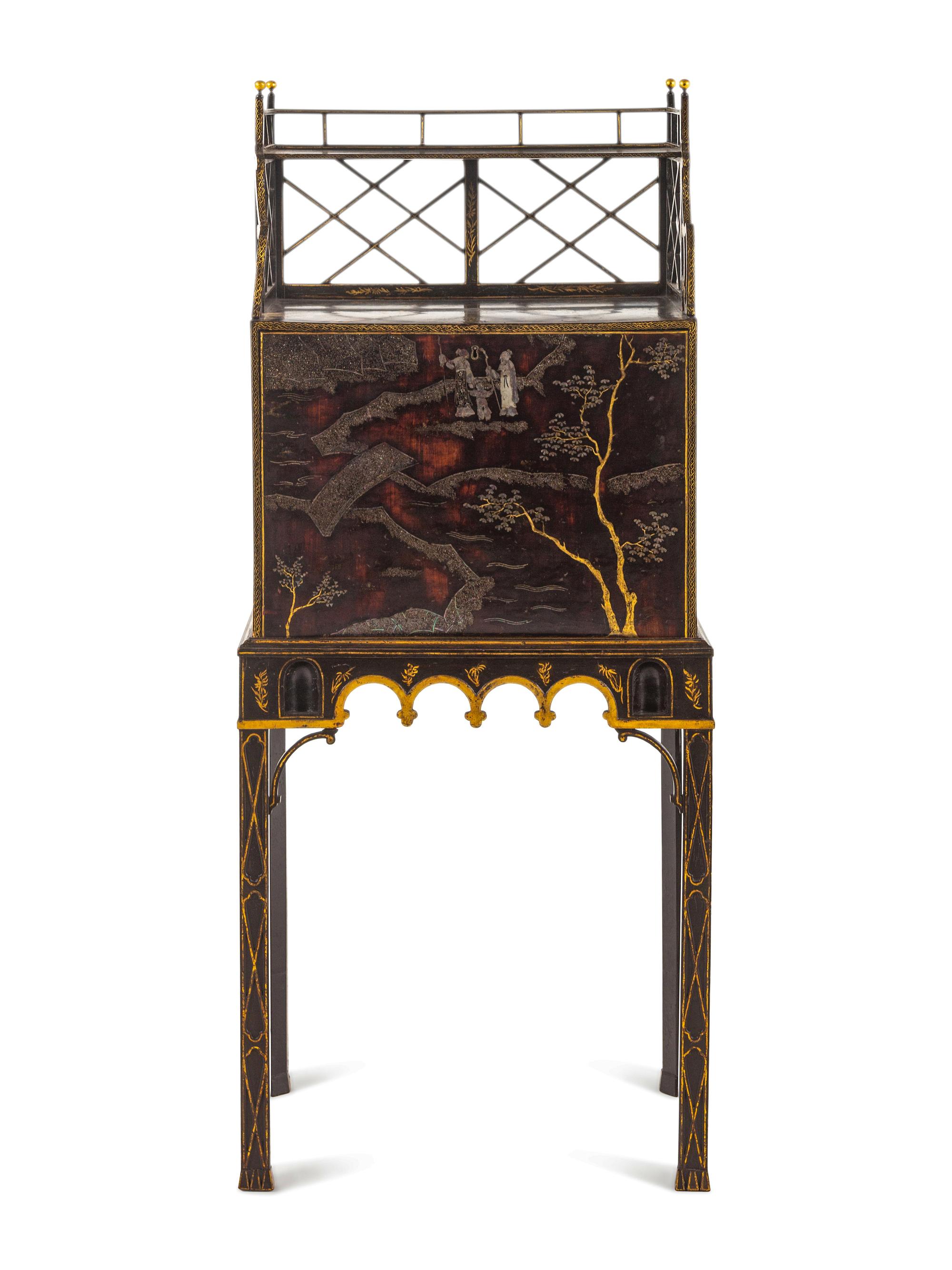 A George III 'Lac Bergaute' and Black and Gilt-Japanned Secrétaire Cabinet-on-Stand