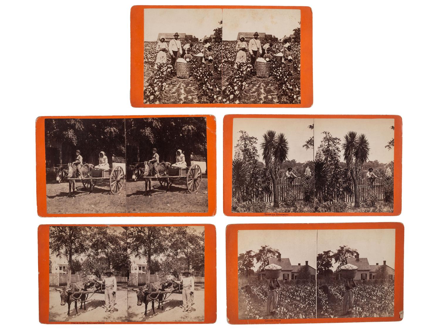 [EARLY PHOTOGRAPHY]. PALMER, J.A. (1825-1896), photographer. A group of 5 stereoviews of African Americans at work, incl. selling wood from a wagon or picking cotton. Aiken, SC: ca 1870s-1880s.