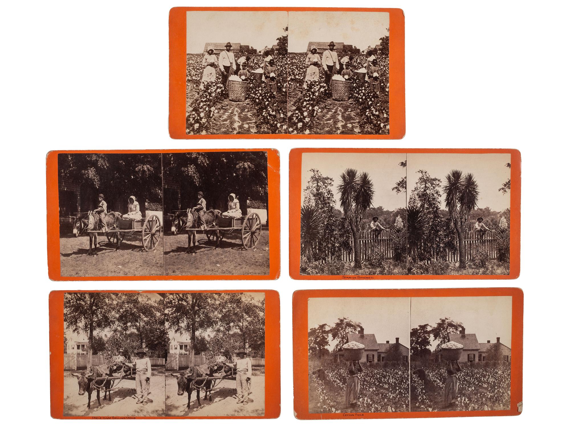 [EARLY PHOTOGRAPHY]. PALMER, J.A. (1825-1896), photographer. A group of 5 stereoviews of African Americans at work, incl. selling wood from a wagon or picking cotton. Aiken, SC: ca 1870s-1880s.