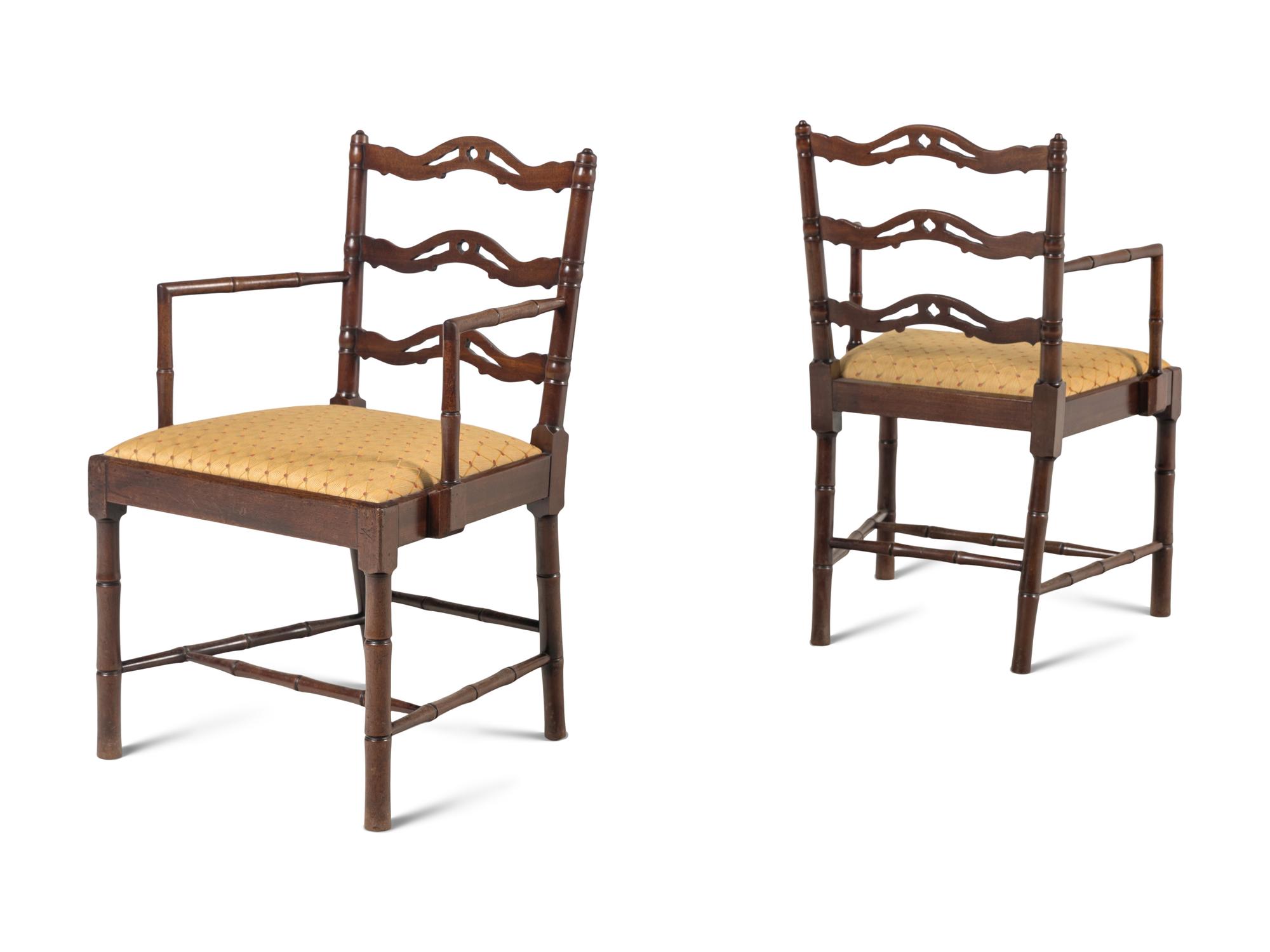 A Set of Four English Mahogany Faux-Bamboo Arm Chairs