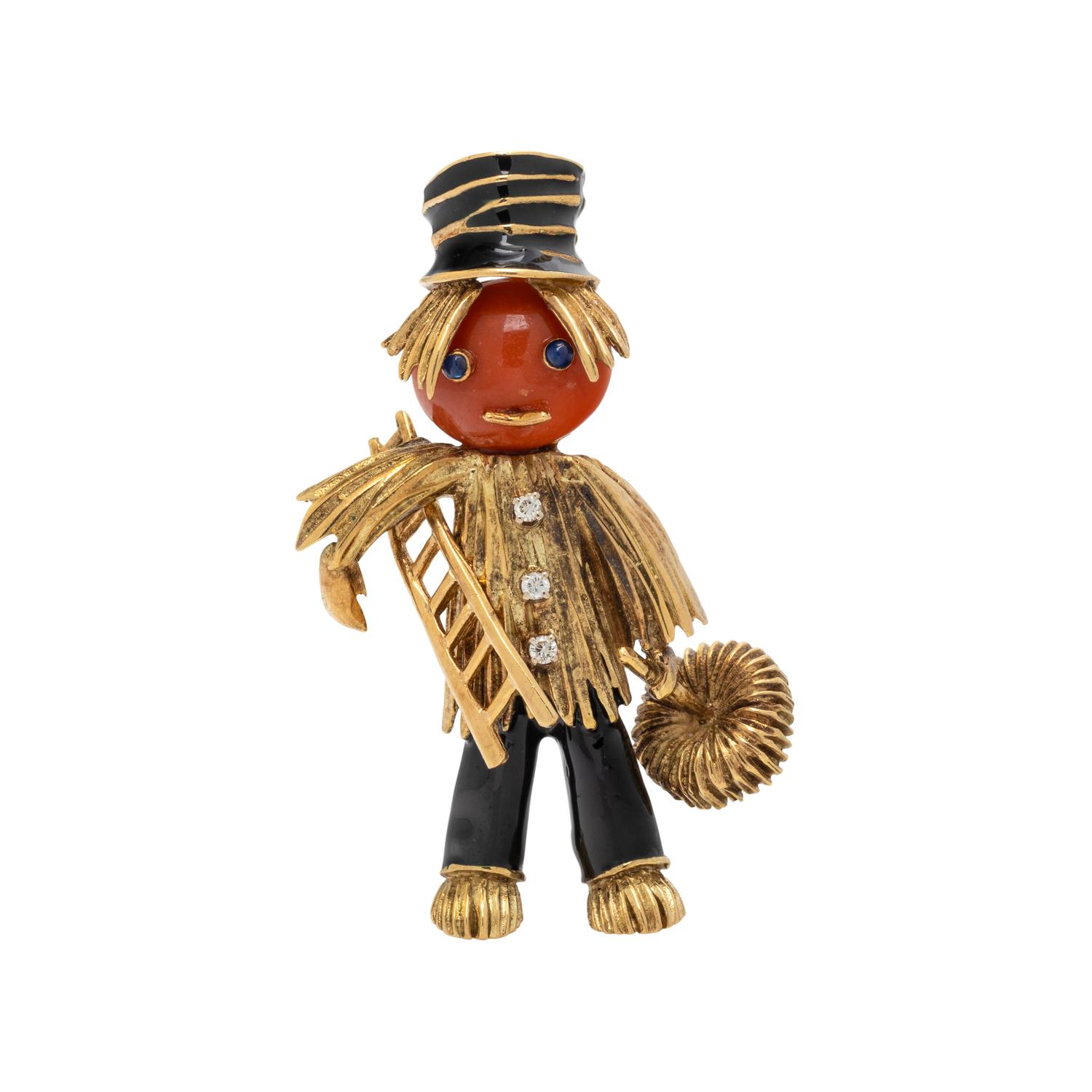 YELLOW GOLD, DIAMOND, CORAL AND ENAMEL CHIMNEY SWEEP BROOCH