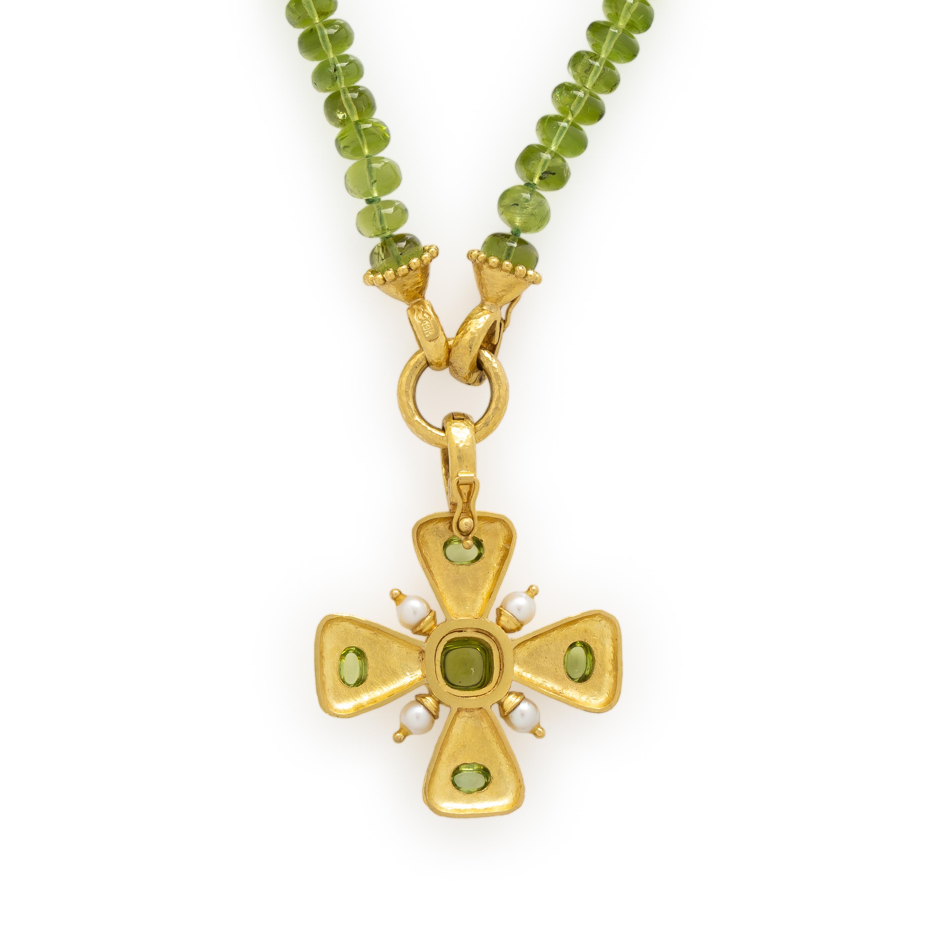 Elizabeth Locke, Peridot, Cultured Pearl, and Yellow Gold Maltese Cross Pendant Necklace