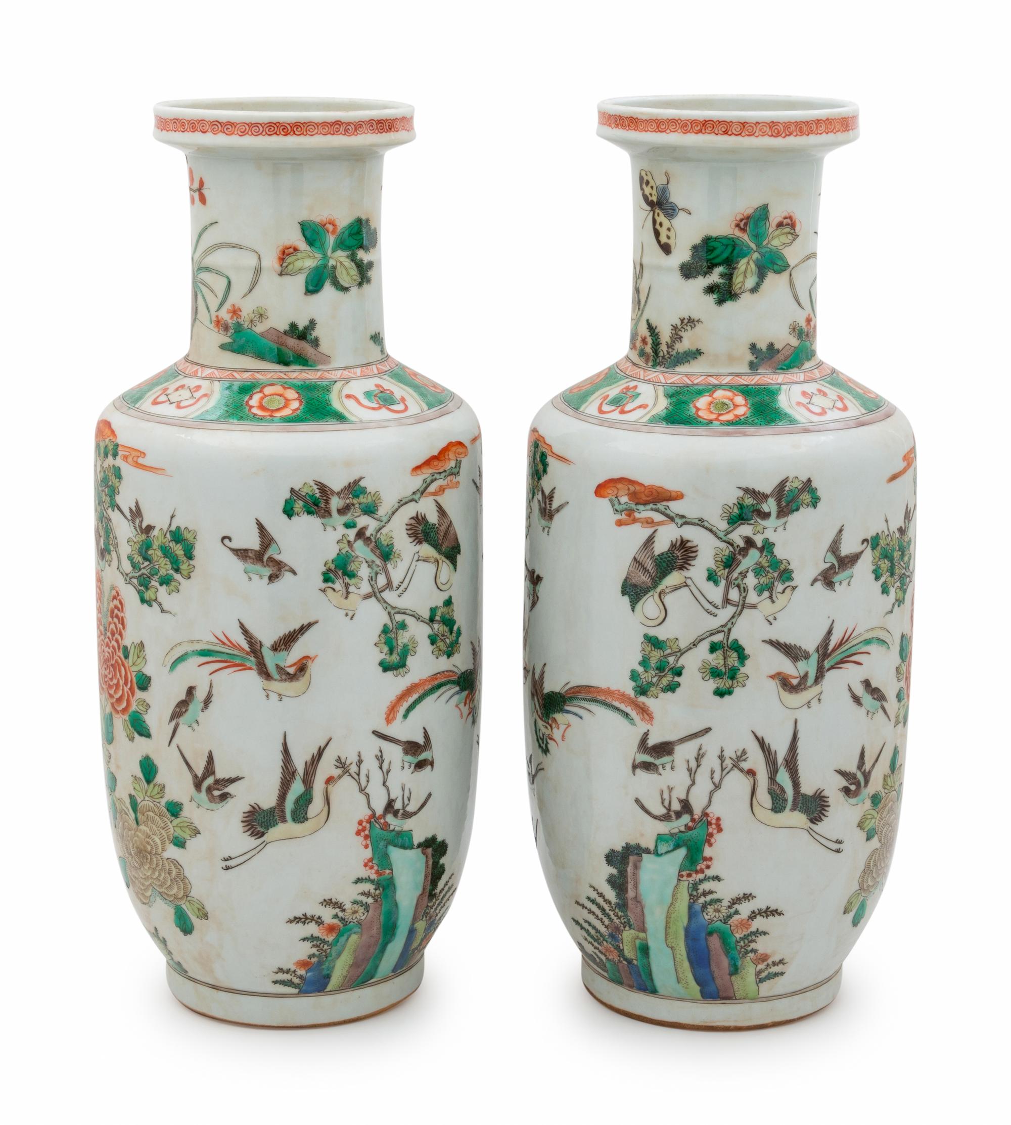 A Pair of Wucai Porcelain Rouleau Vases