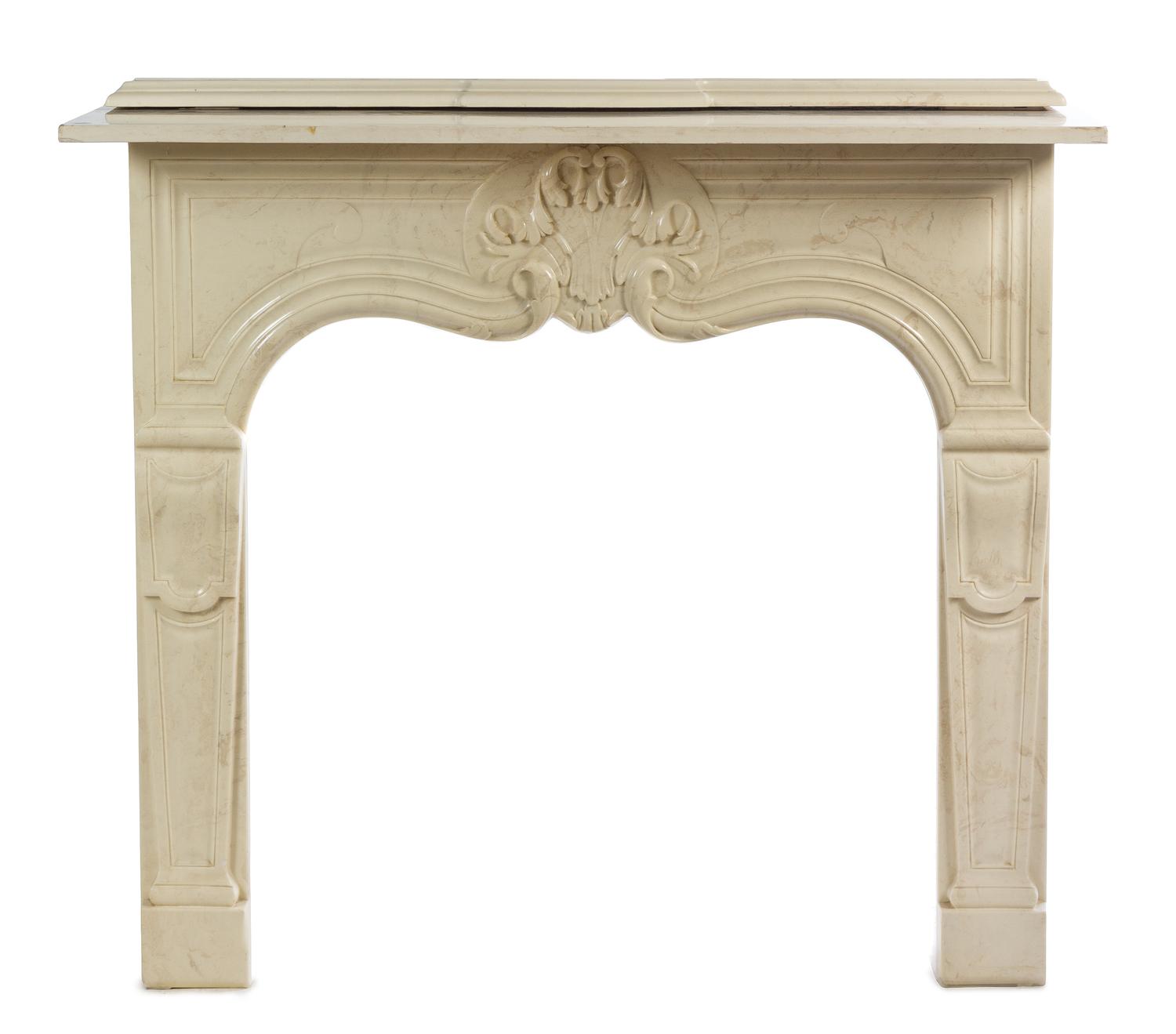 A Composition Simulated Marble Fireplace Height 43 1/2 x width 48 x depth 11 inches.