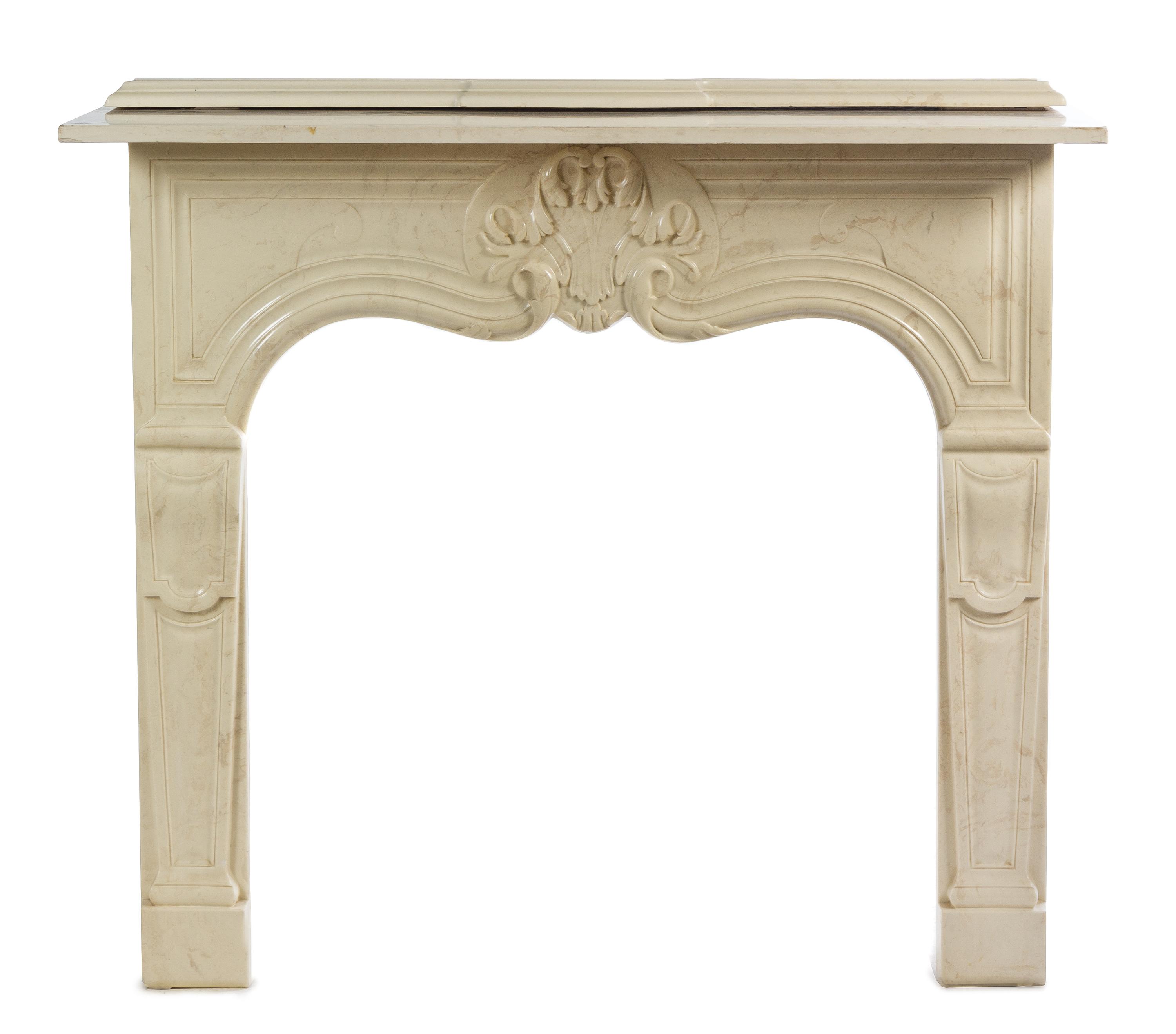 A Composition Simulated Marble Fireplace Height 43 1/2 x width 48 x depth 11 inches.