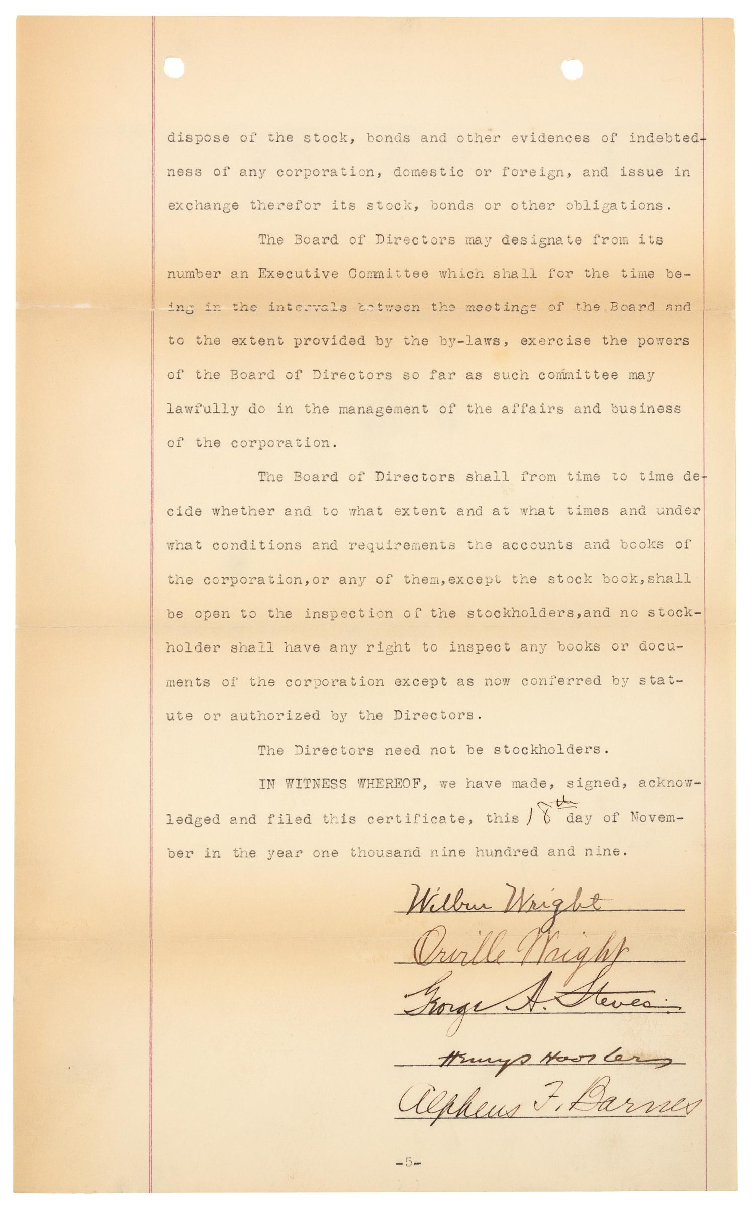 [WRIGHT BROTHERS]. WRIGHT, Wilbur (1867-1912) -- WRIGHT, Orville (1871-1948). Typed document signed ("Wilbur Wright", "Orville Wright", "George A. Steves", "Henry S. Hooker", "Alpheus F. Barnes"), New York, NY, 18 November 1909.