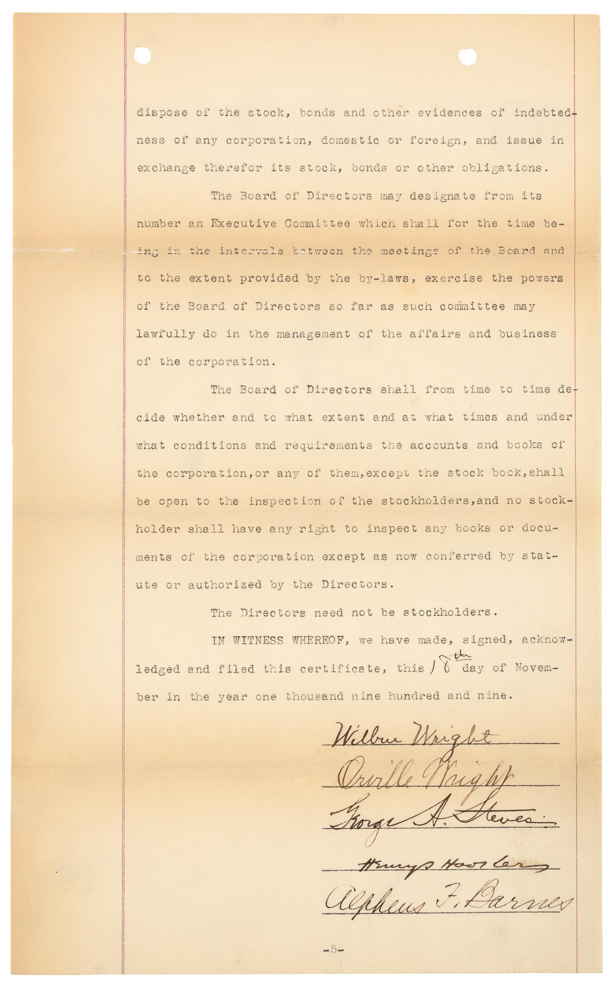 [WRIGHT BROTHERS]. WRIGHT, Wilbur (1867-1912) -- WRIGHT, Orville (1871-1948). Typed document signed ("Wilbur Wright", "Orville Wright", "George A. Steves", "Henry S. Hooker", "Alpheus F. Barnes"), New York, NY, 18 November 1909.