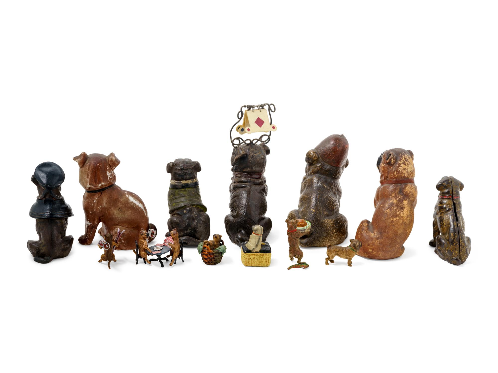 A Collection of Painted Bronze and Ceramic Models of Pugs