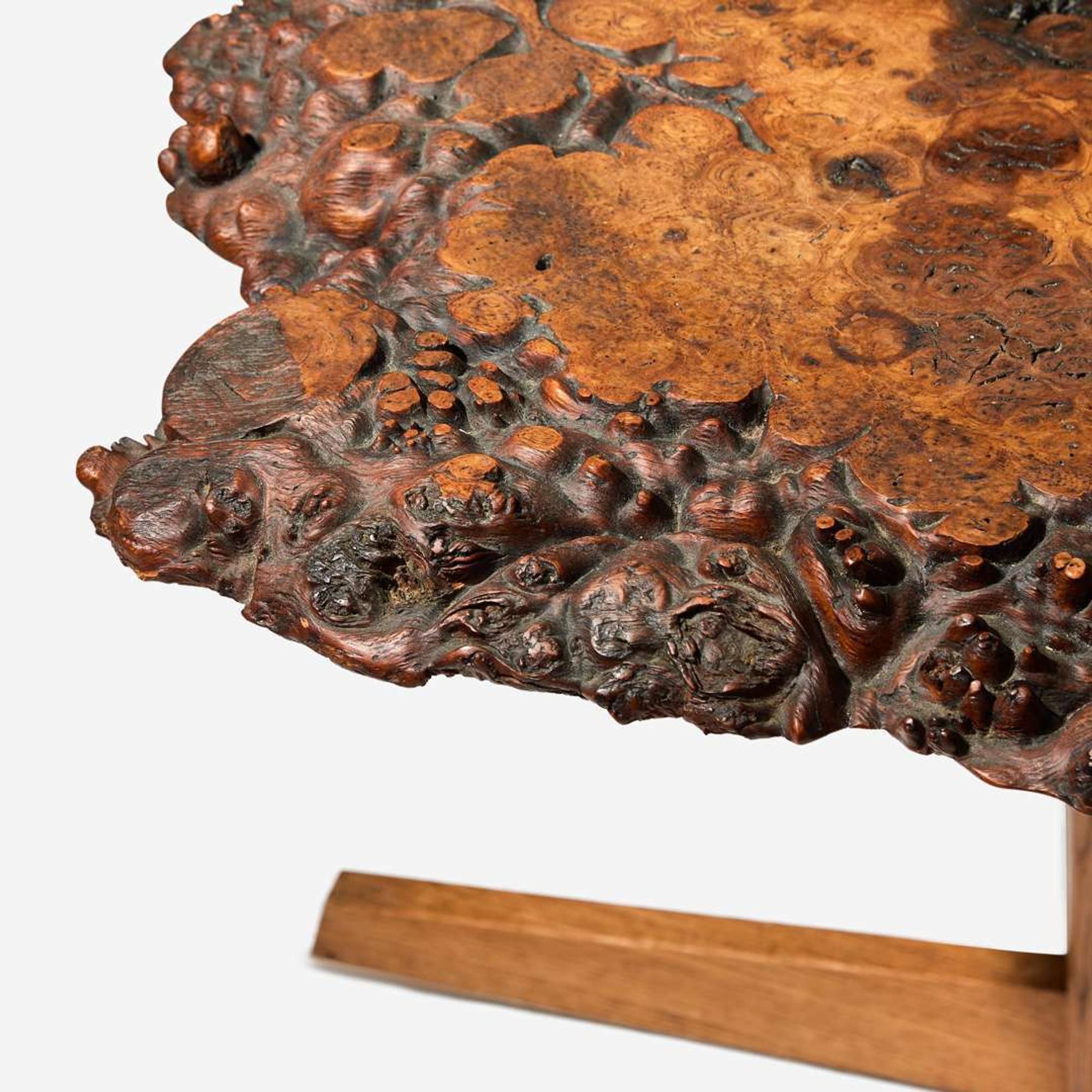 George Nakashima (American, 1905-1990) Exceptional English Oak Burl Pedestal End Table, New Hope, Pennsylvania, 1967