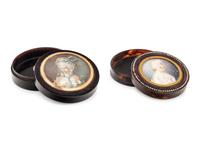 Two Continental Gilt Metal Mounted and Portrait Miniature Inset Tortoiseshell Snuff Boxes