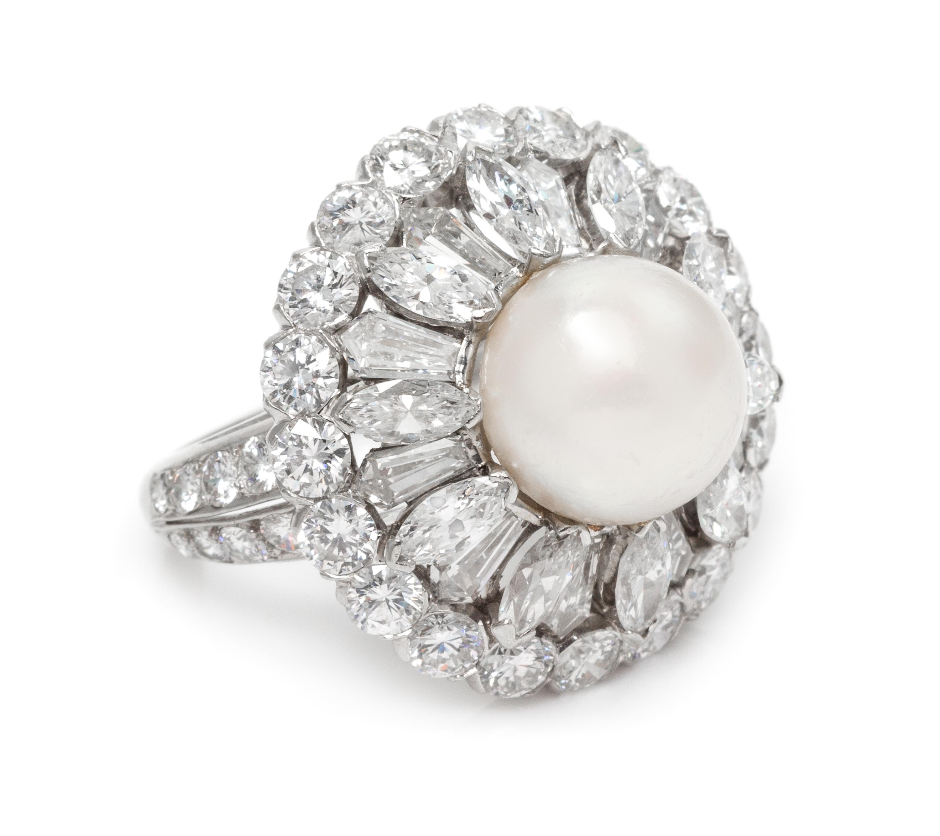 A Fine Platinum, Cultured Pearl and Diamond Ring, 11.00 dwts.